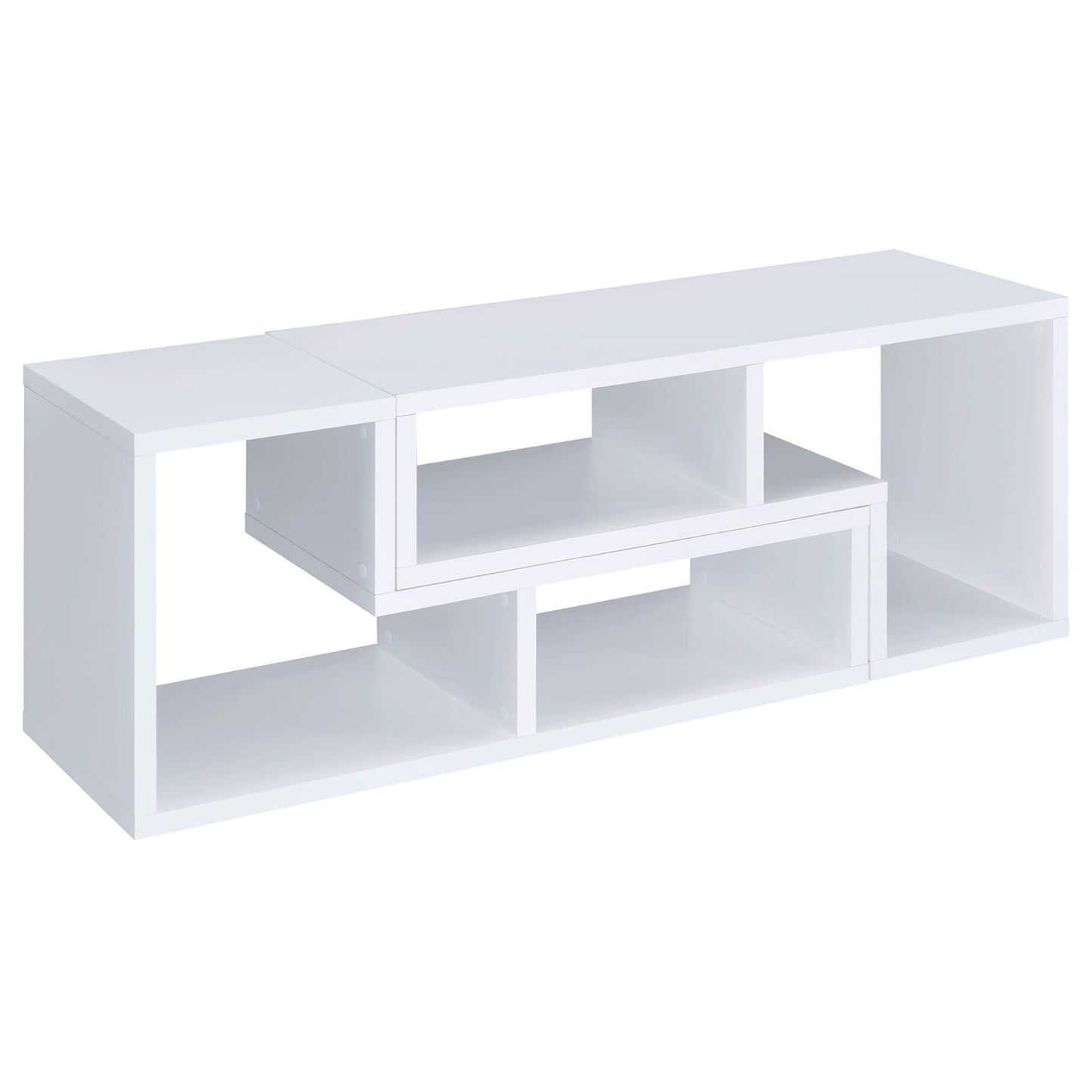 White modern media console with open shelving and asymmetrical design