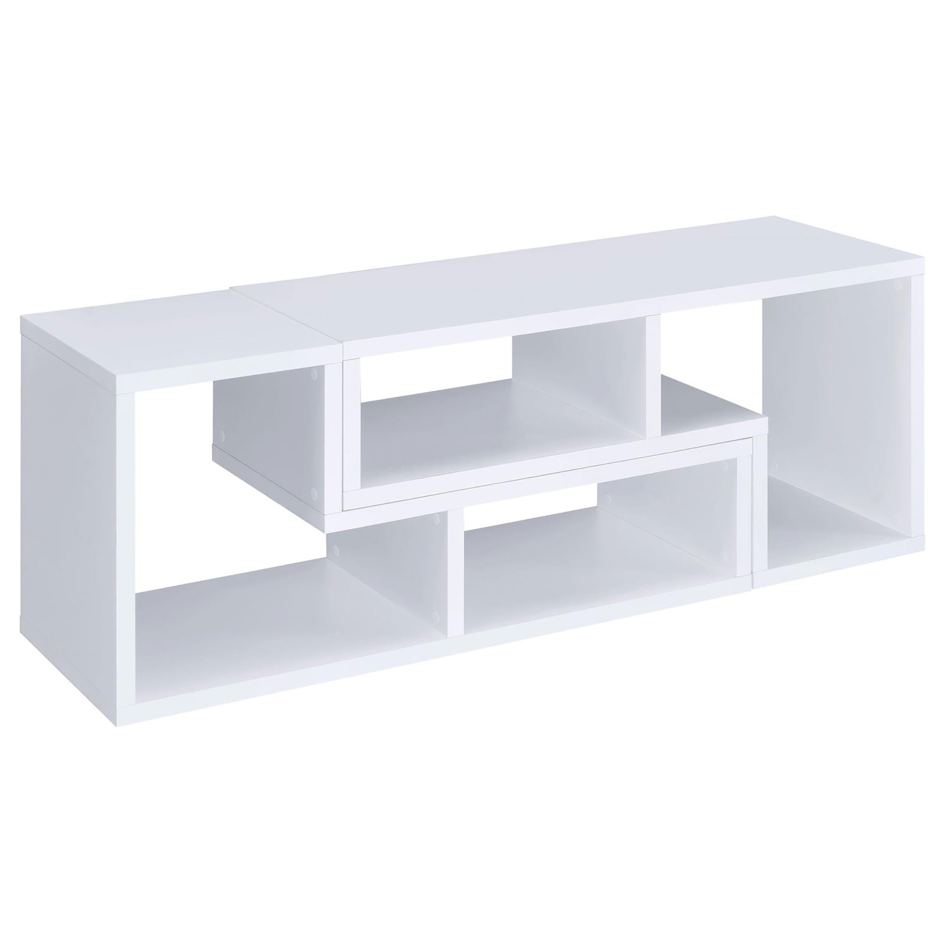 White modern media console with open shelving and asymmetrical design