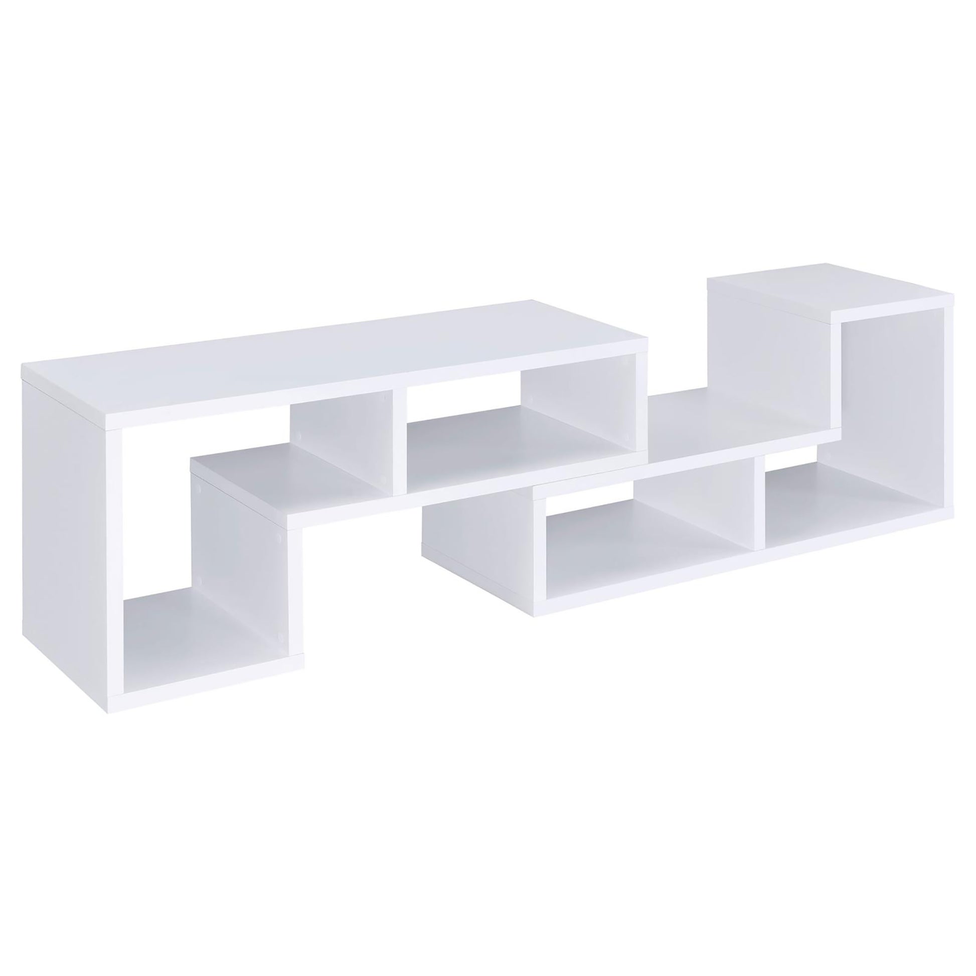 Modern white interlocking media console with open shelving