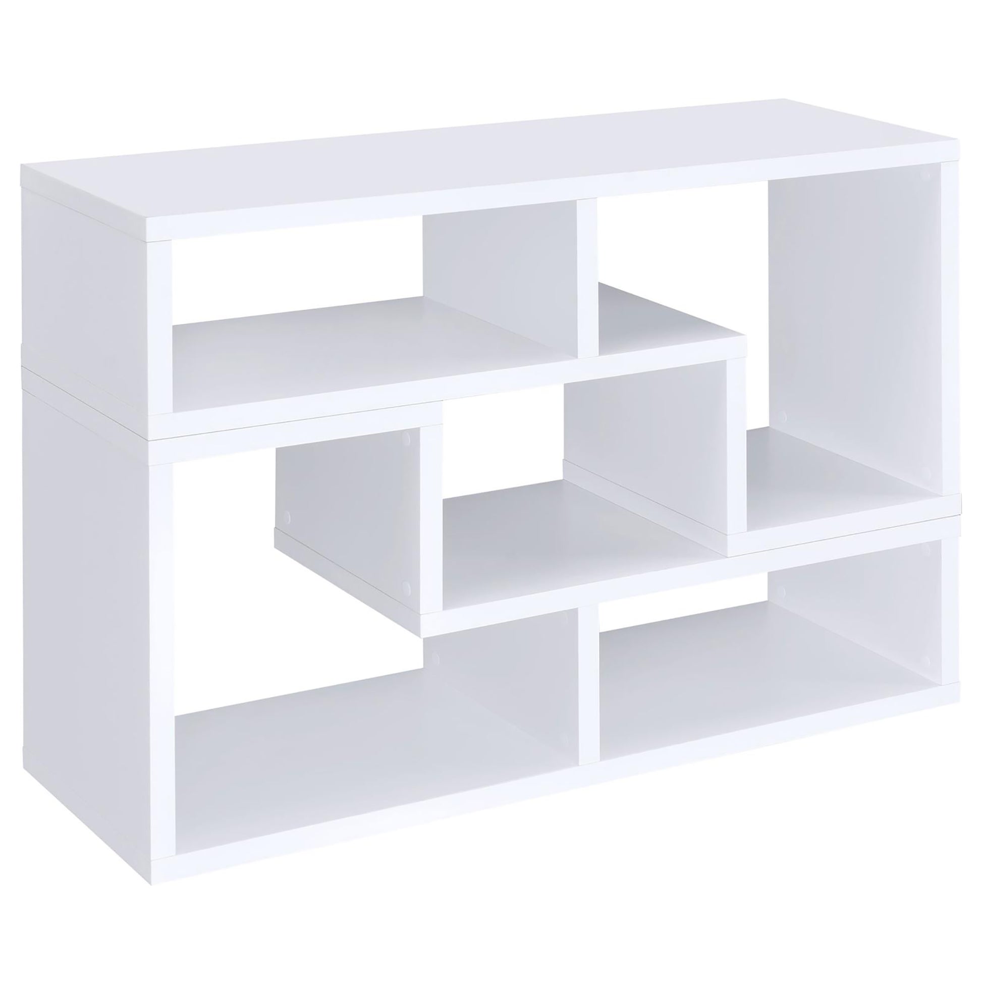 Modern white bookshelf with asymmetrical shelving