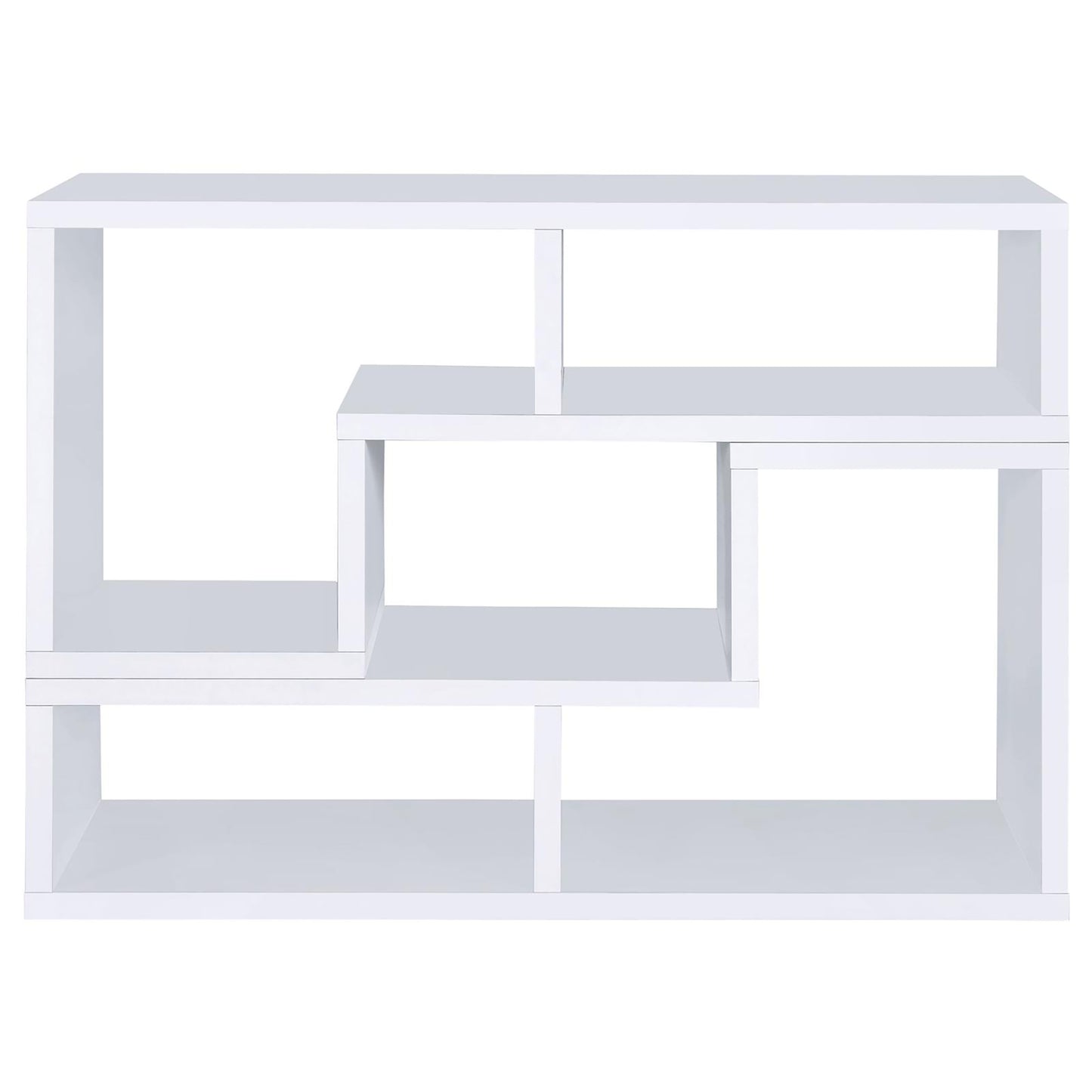 Modern white geometric bookshelf with staggered shelves