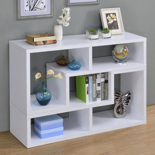 Modern white open bookshelf with books and decor