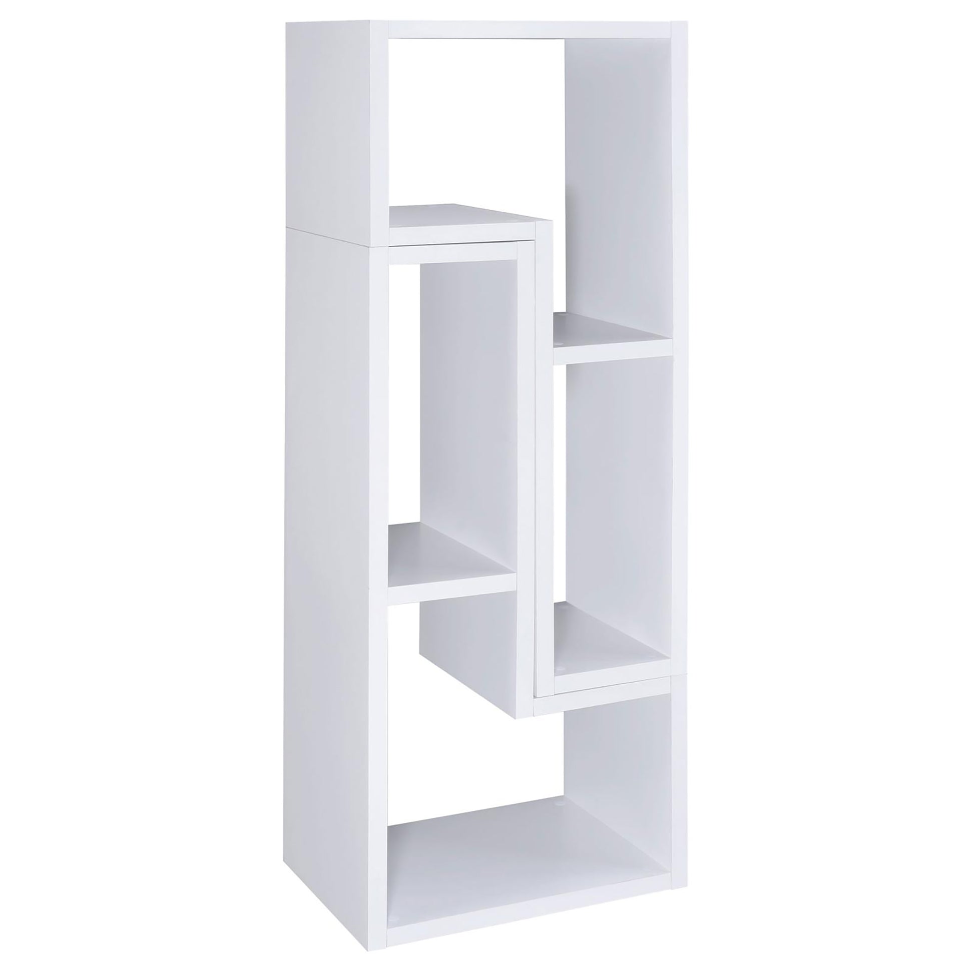 White modern bookshelf with staggered shelves for stylish storage