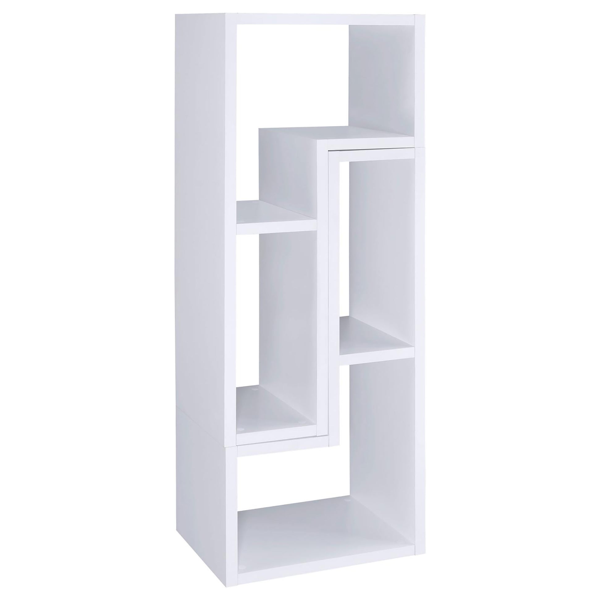 White modern modular bookshelf with staggered shelves and open compartments