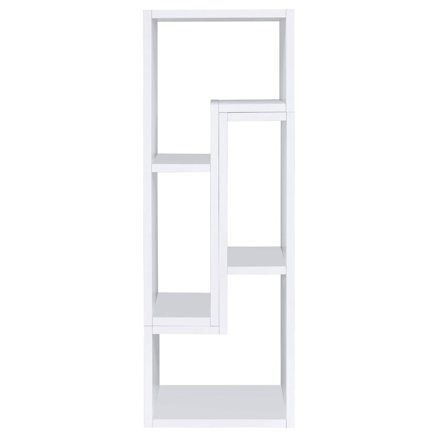 Modern white asymmetrical bookshelf with five open shelves