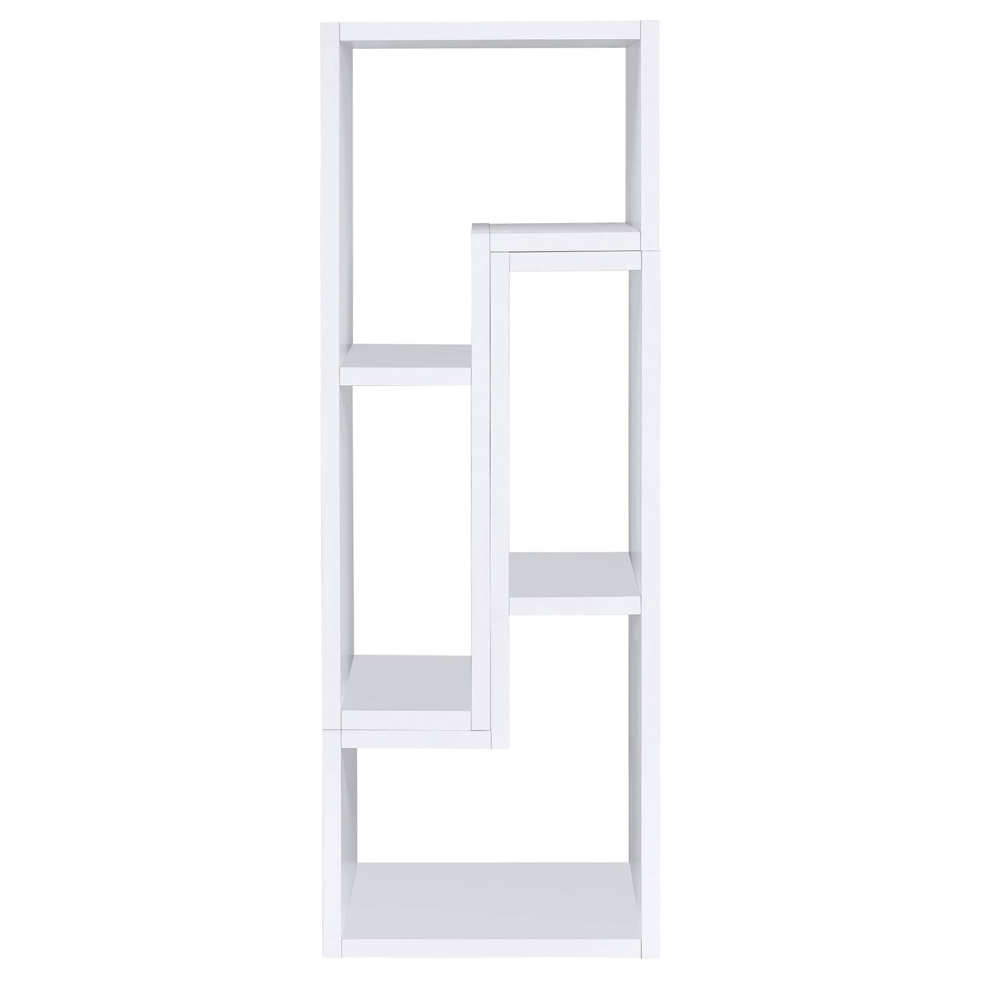 Modern white asymmetrical bookshelf with five open shelves