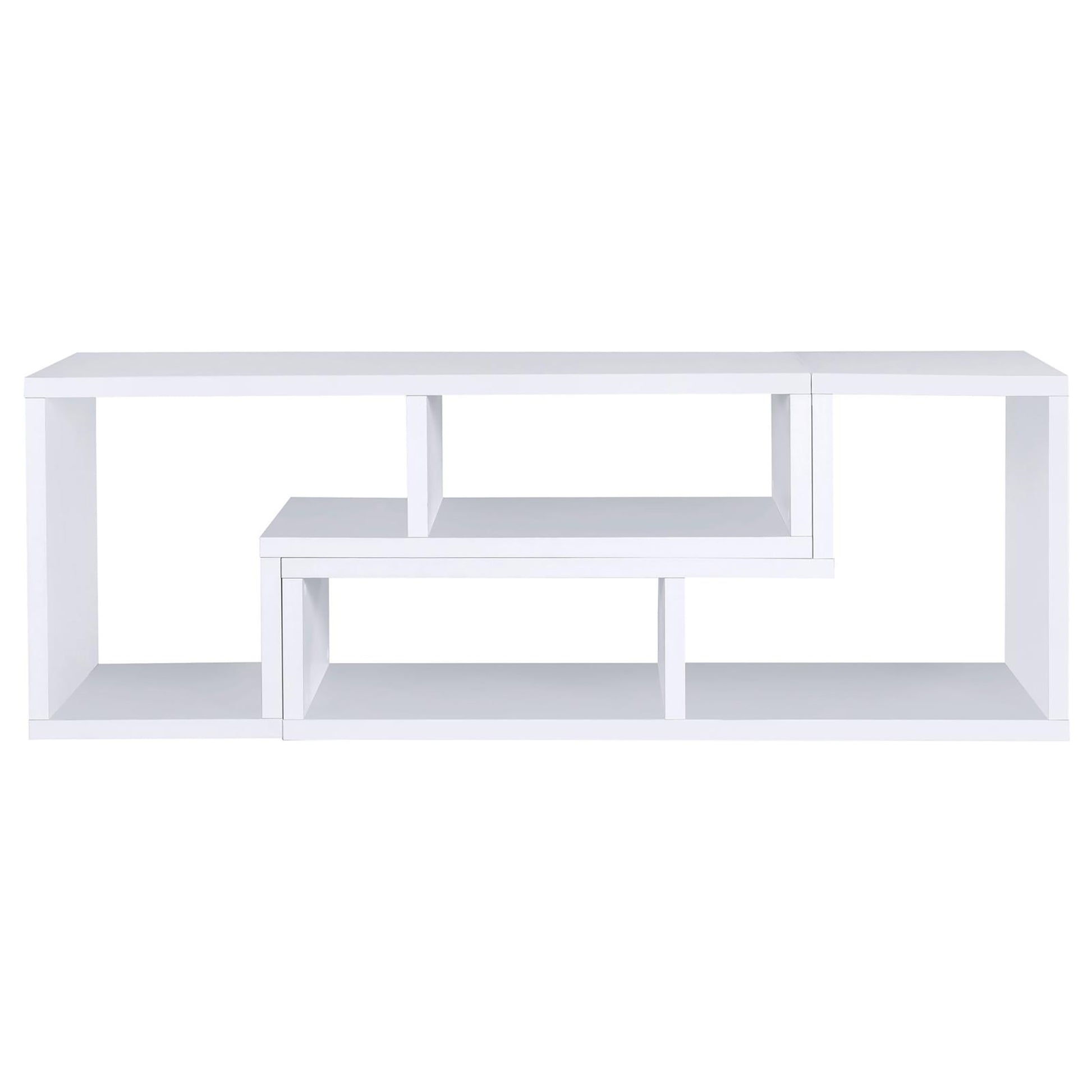 White modern modular bookshelf with geometric design and open compartments
