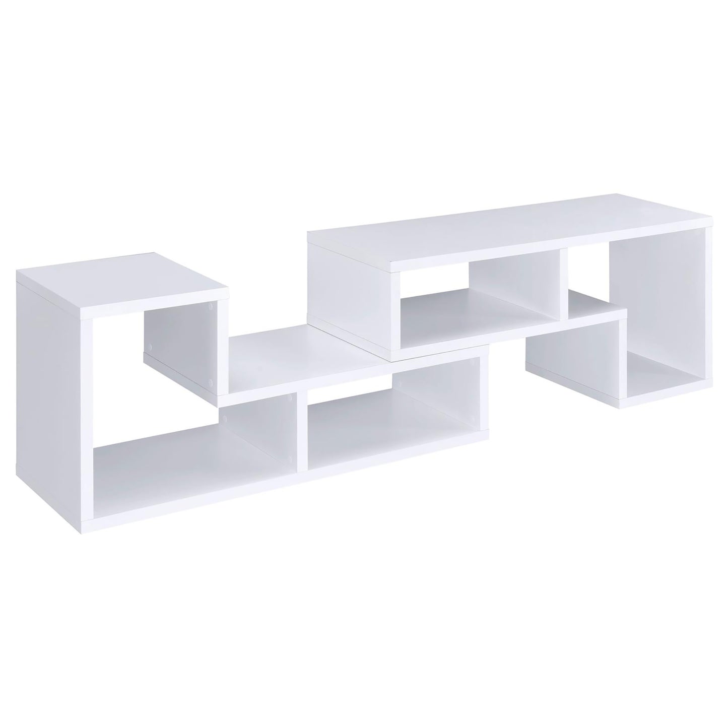 Modern white media console with asymmetrical shelving