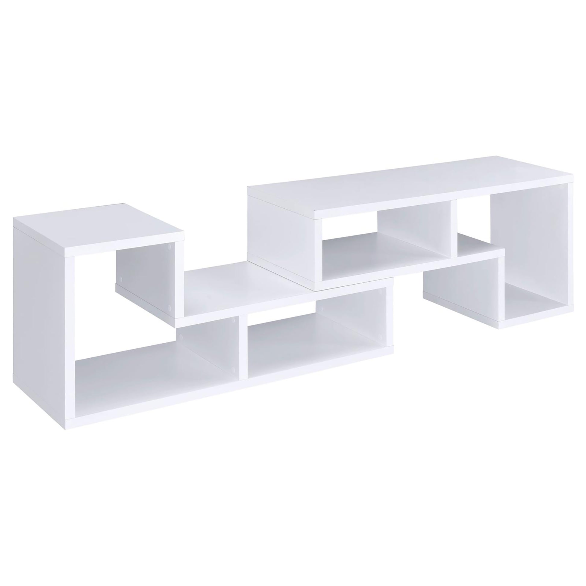Modern white media console with asymmetrical shelving
