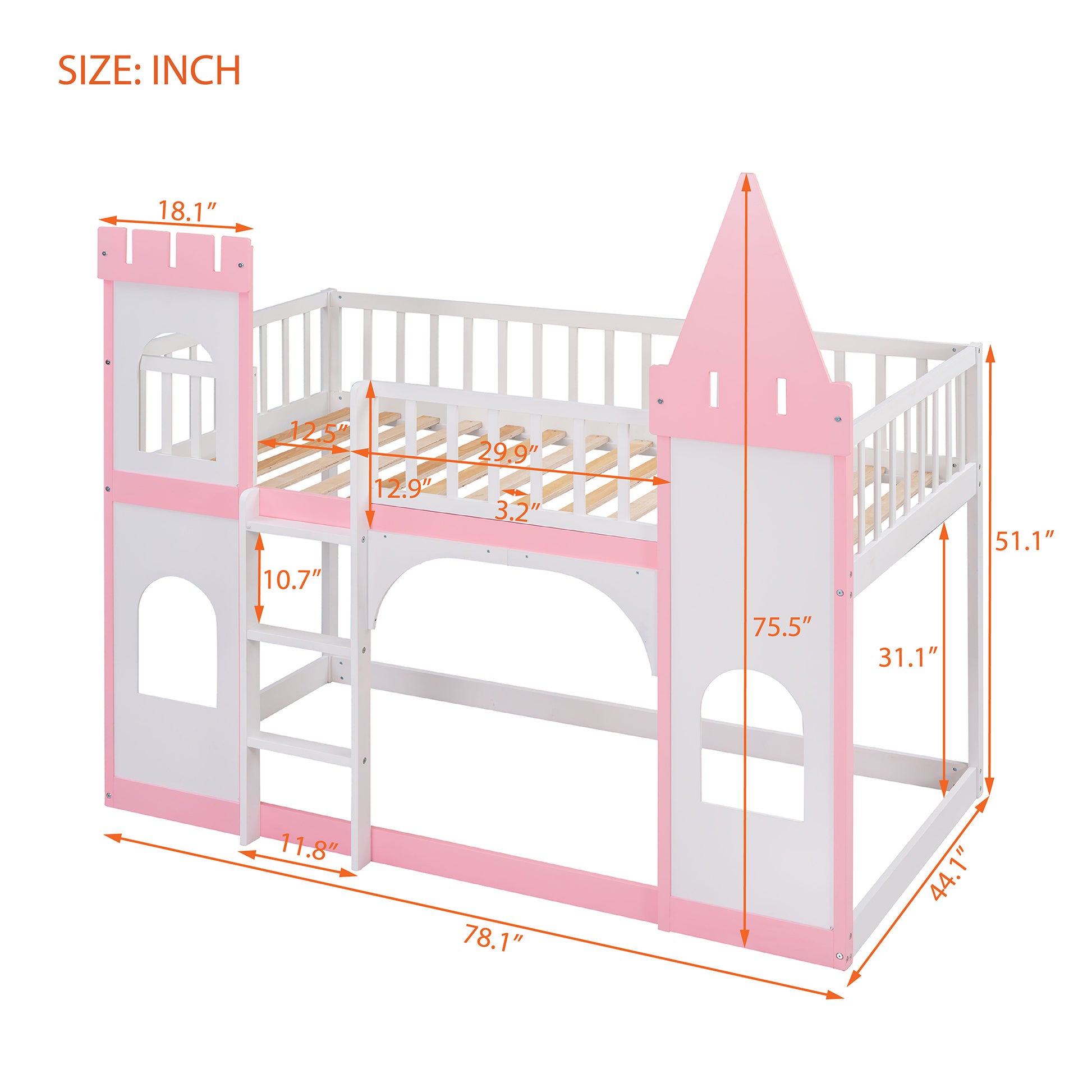 Pink and white wooden castle twin bunk bed with ladder and dimensions shown
