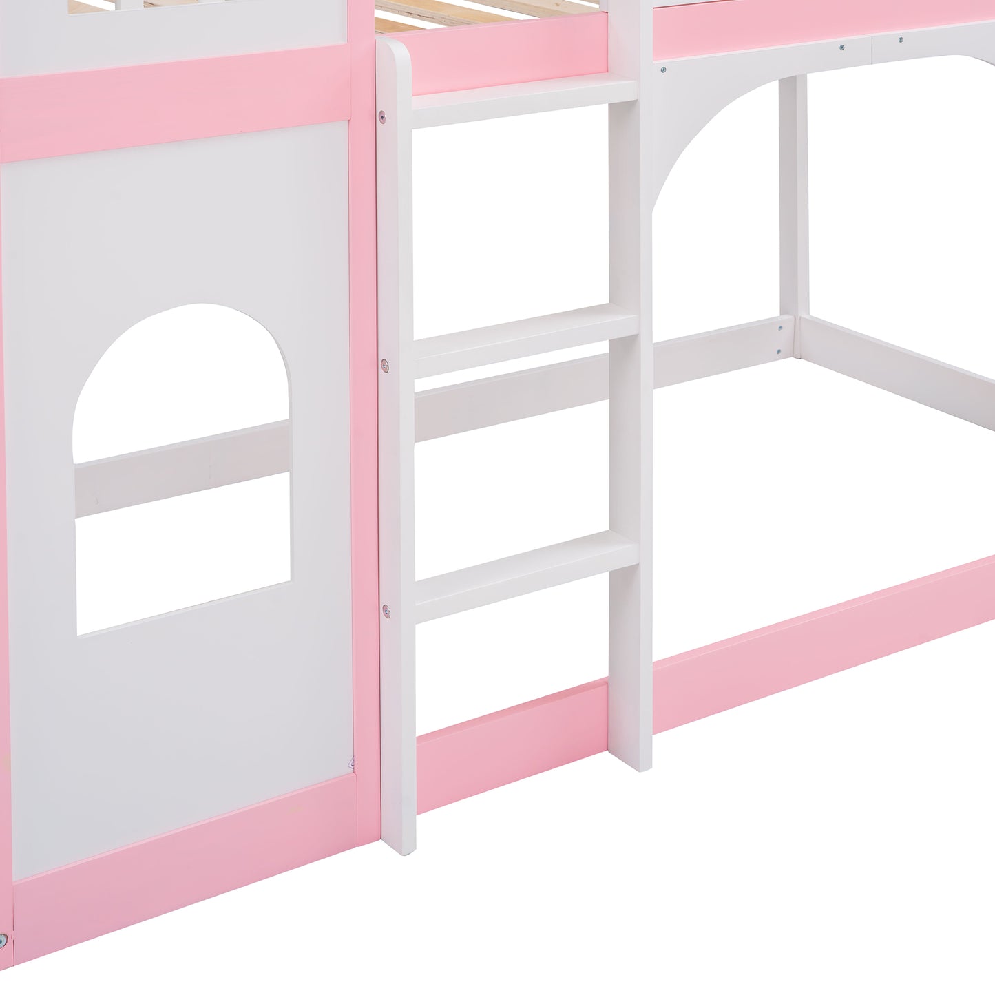 White and pink bunk bed with arched window detail and white ladder