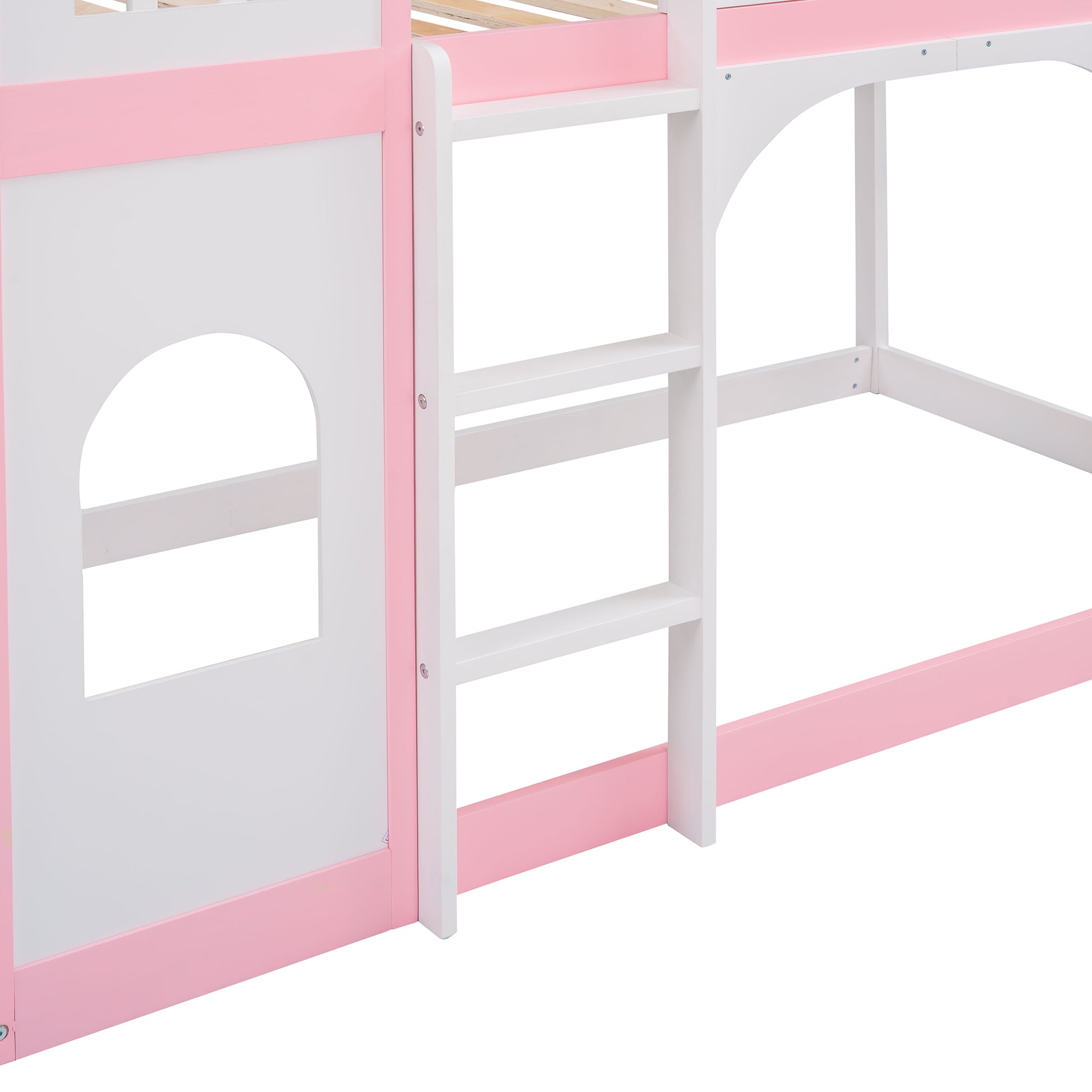 White and pink bunk bed with arched window detail and white ladder