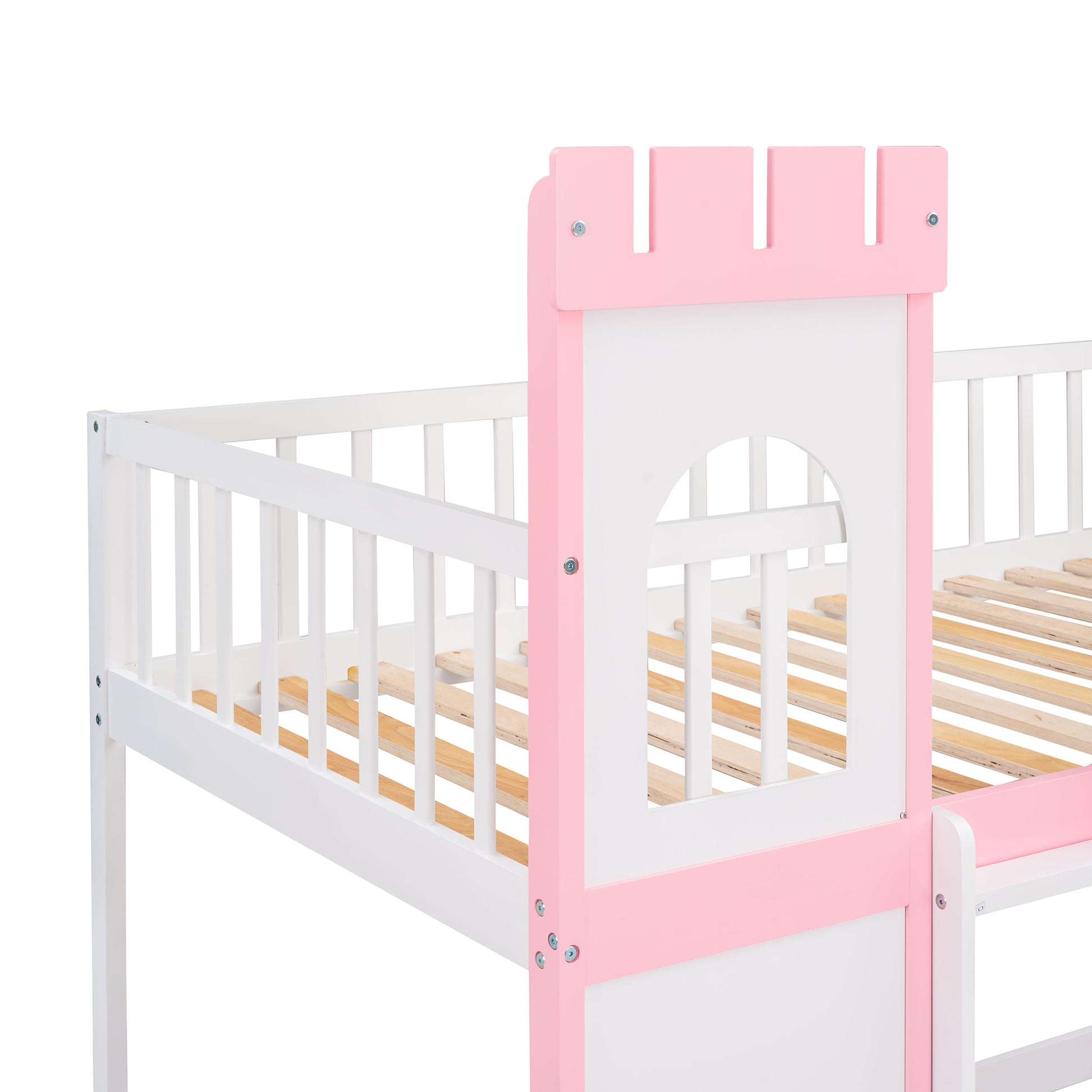 White and pink castlethemed toddler bed with wooden slats