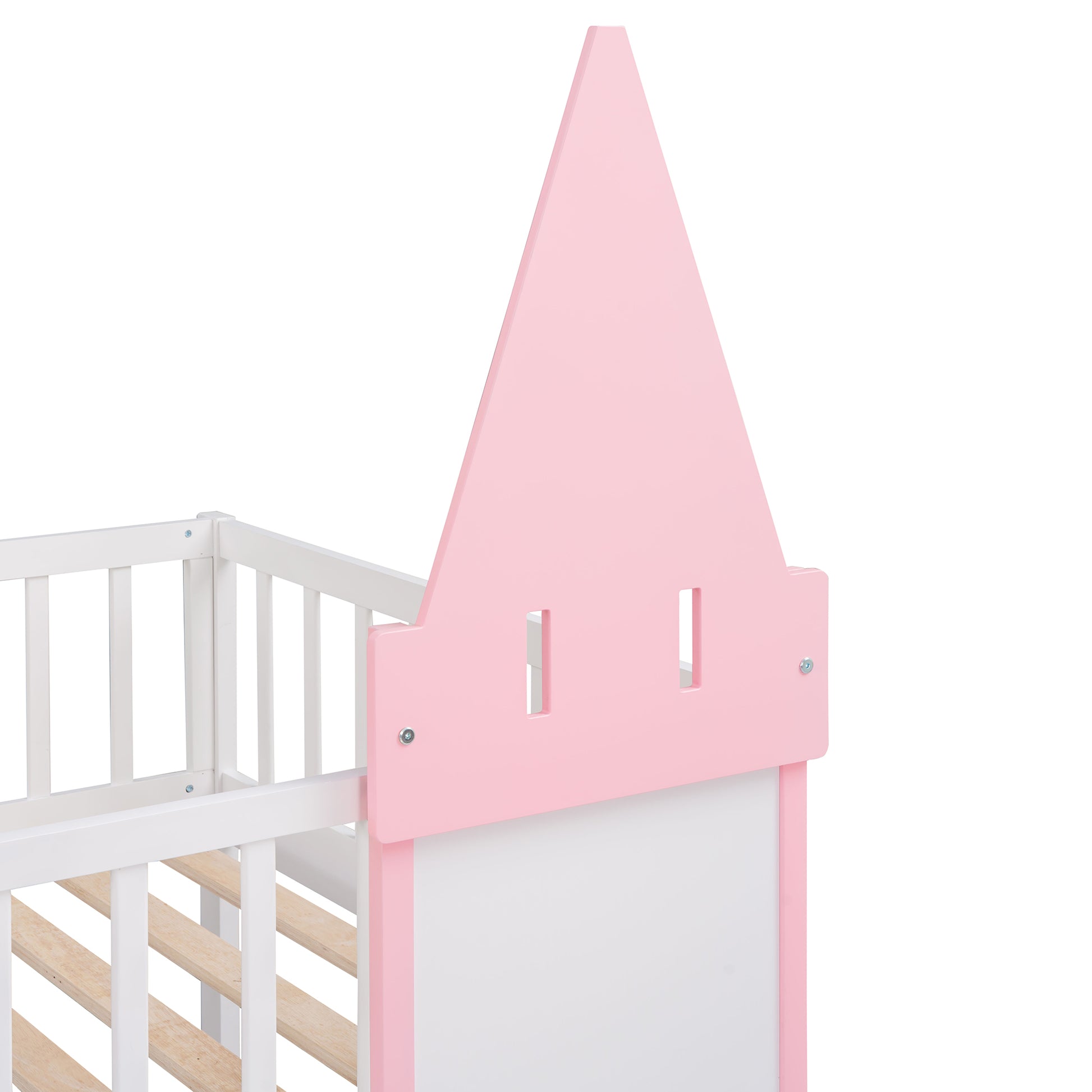 Pink and white wooden crib with castleshaped headboard