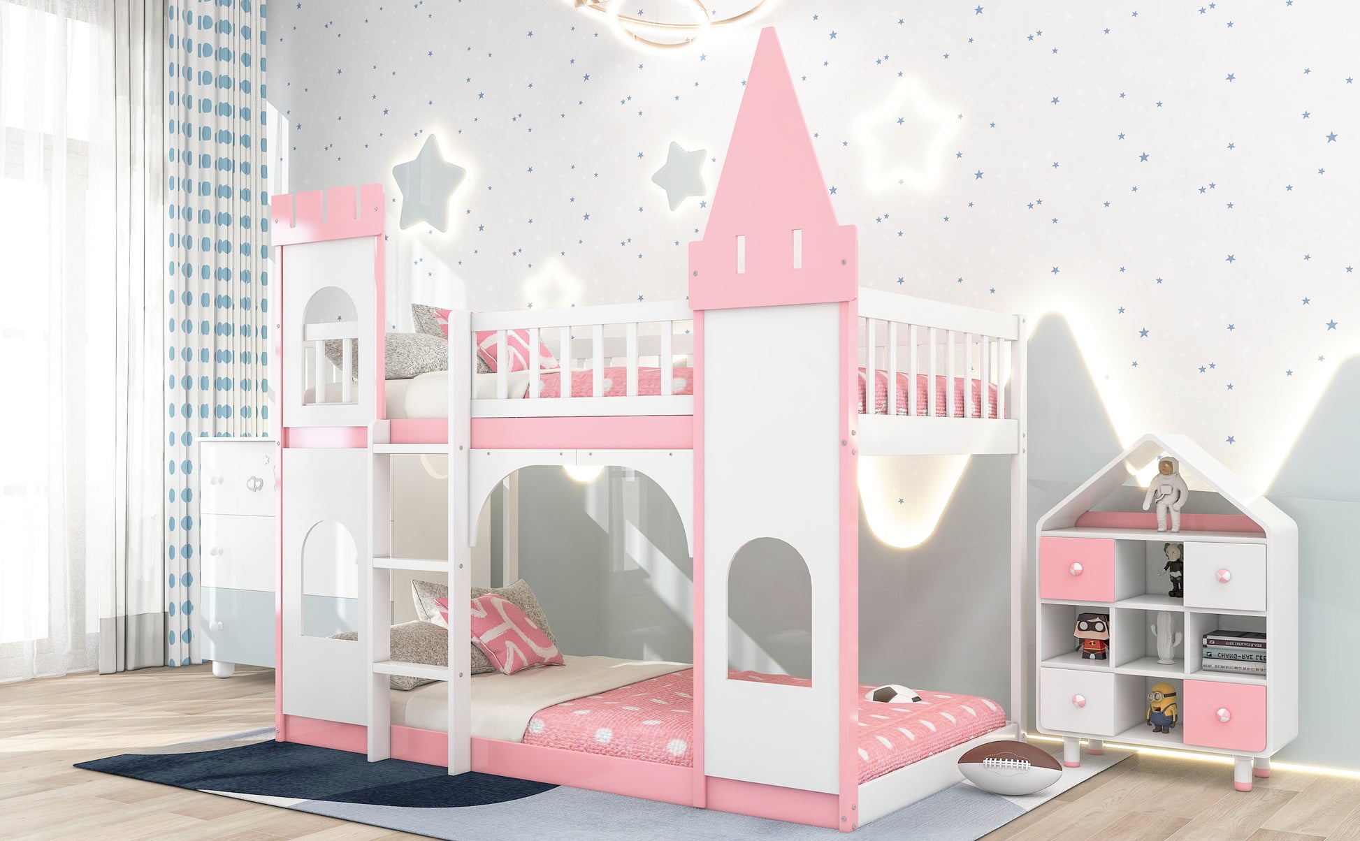 Pink and white castle bunk bed with starry wallpaper