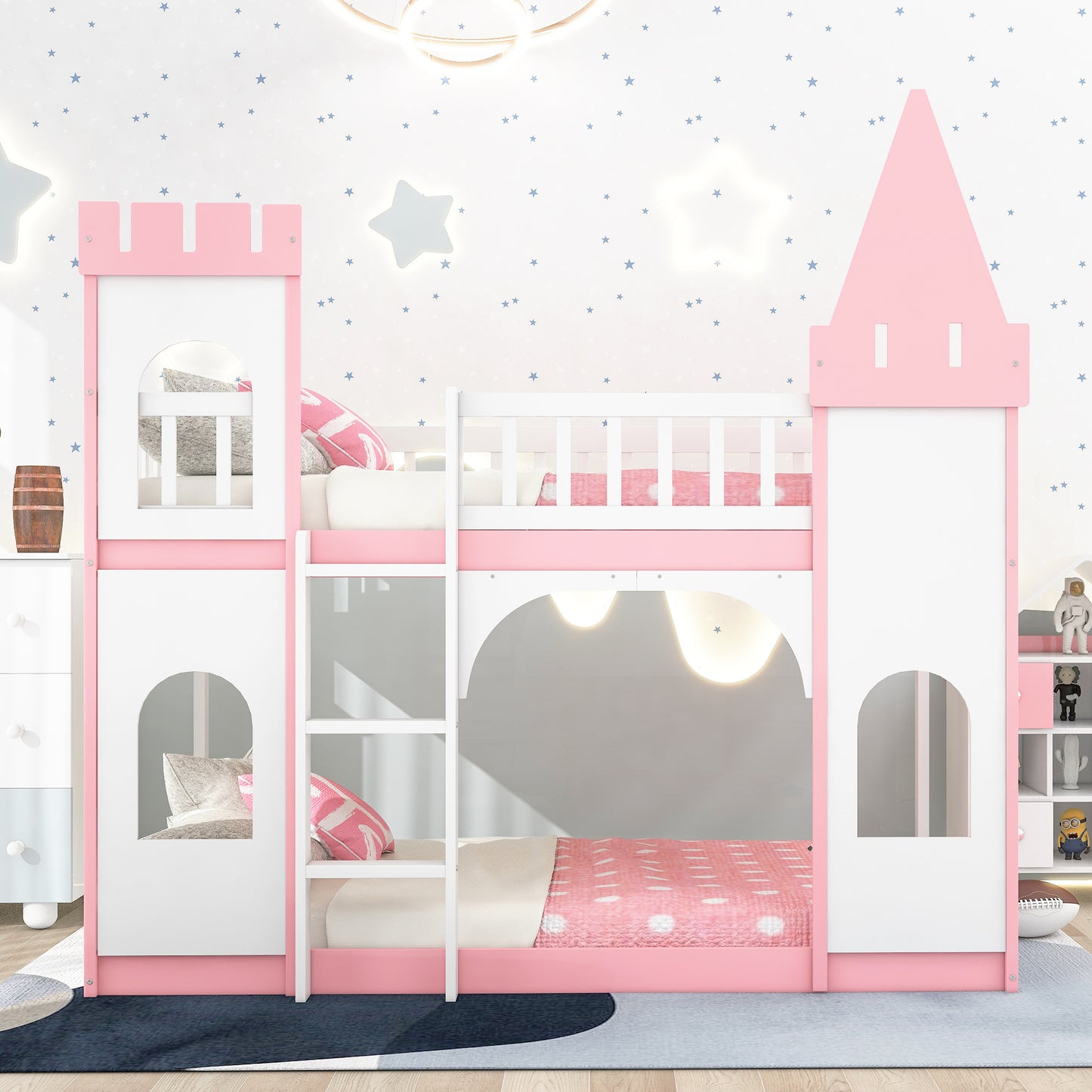 Pink and white castle bunk bed with ladder and playful design