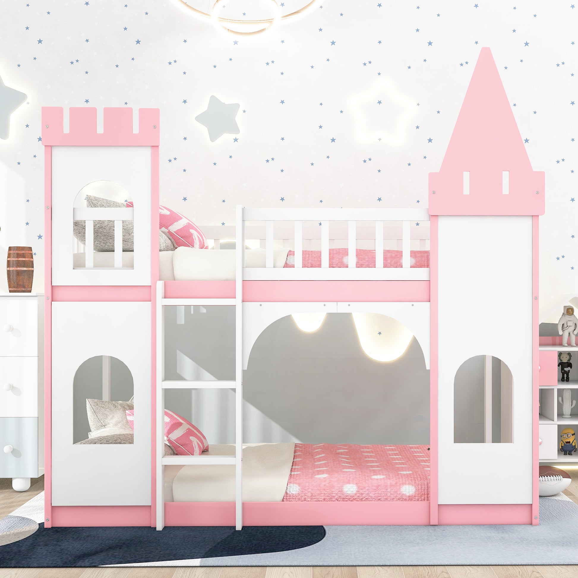 Pink and white castle bunk bed with ladder and playful design
