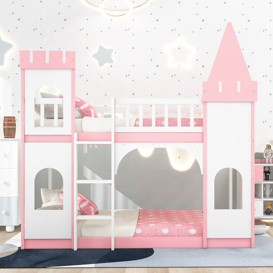 Pink and white castle bunk bed with ladder and playful design