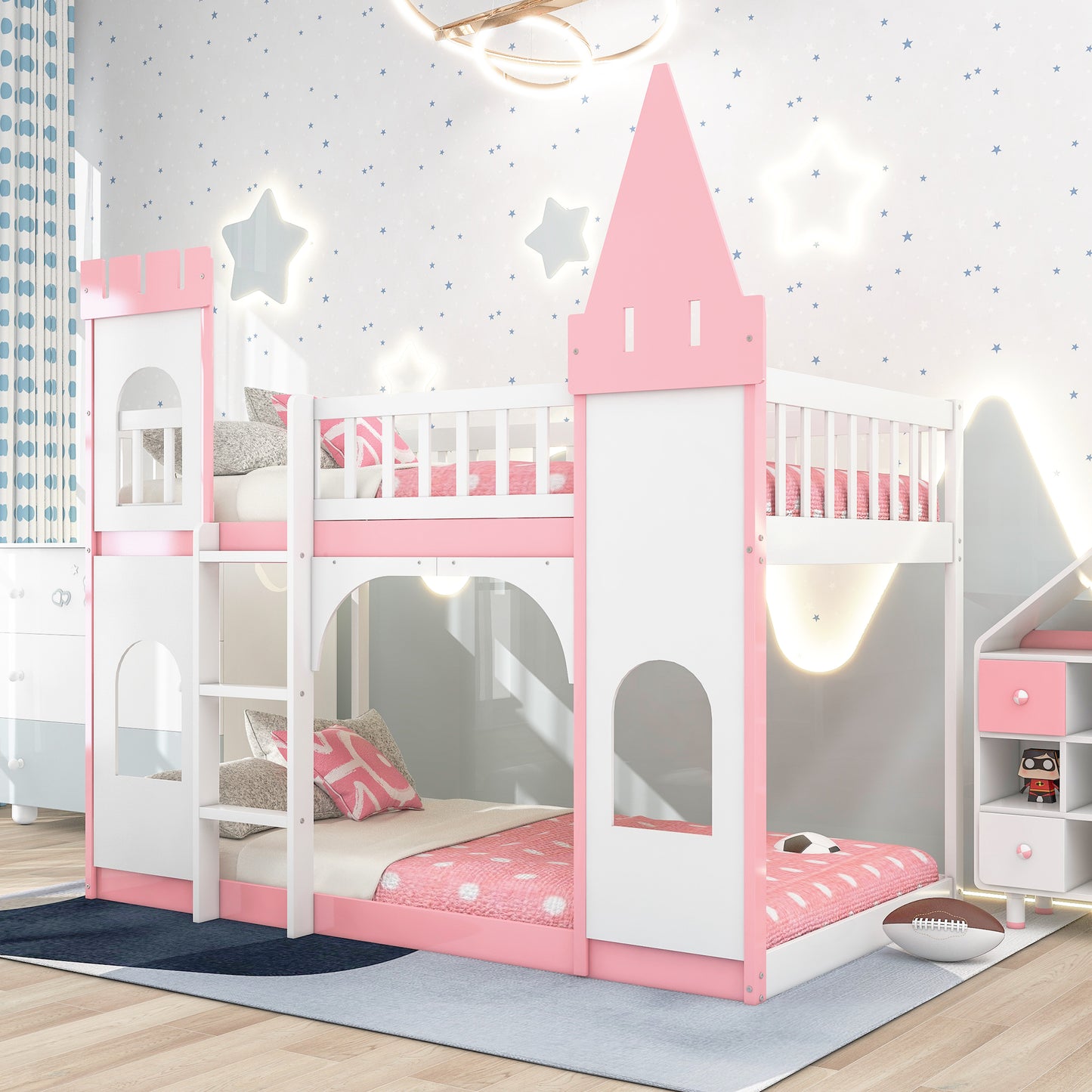 Pink and white wooden bunk bed with castle design