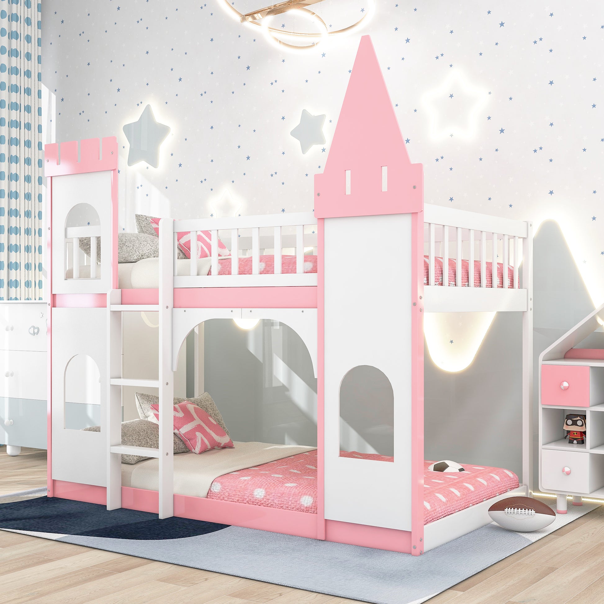 Pink and white wooden bunk bed with castle design