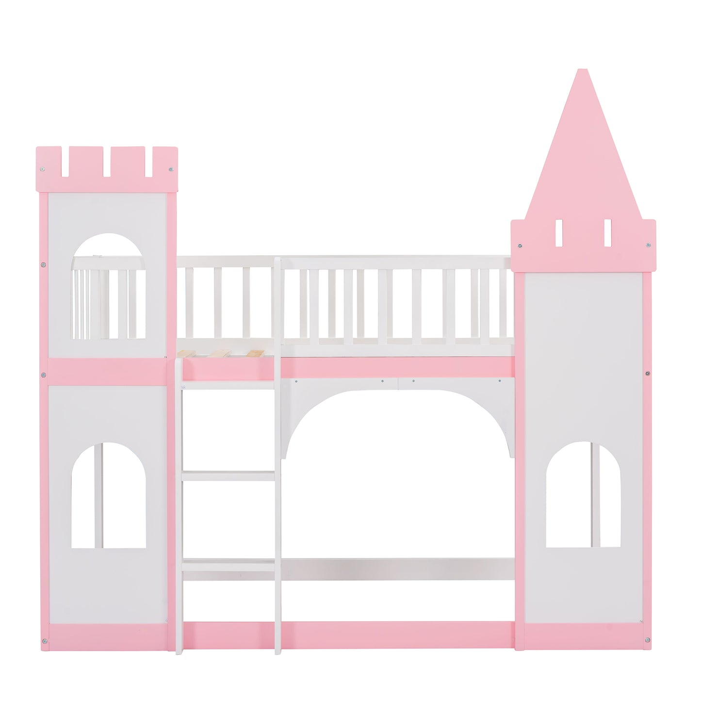 Pink and white wooden castle bunk bed with ladder