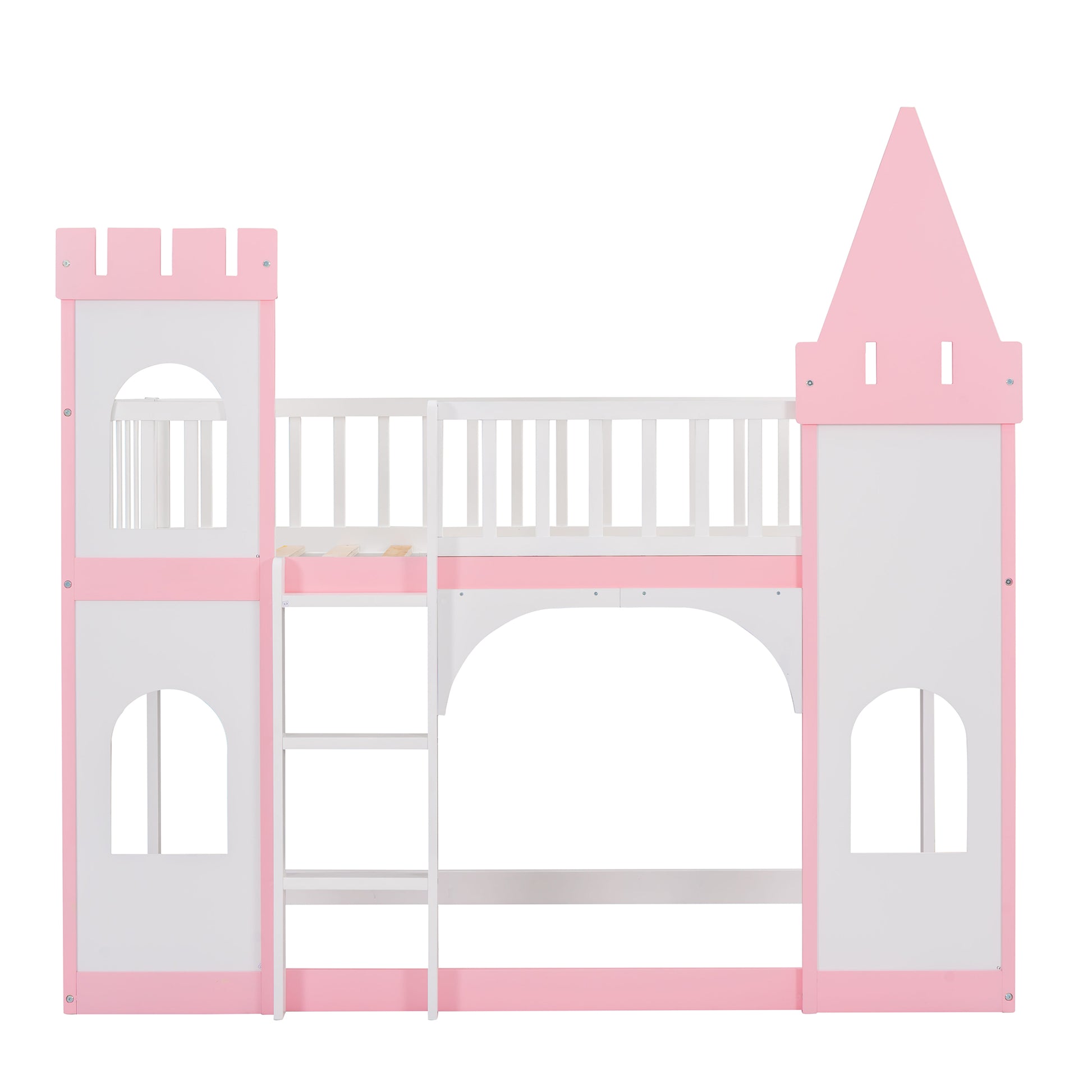 Pink and white wooden castle bunk bed with ladder