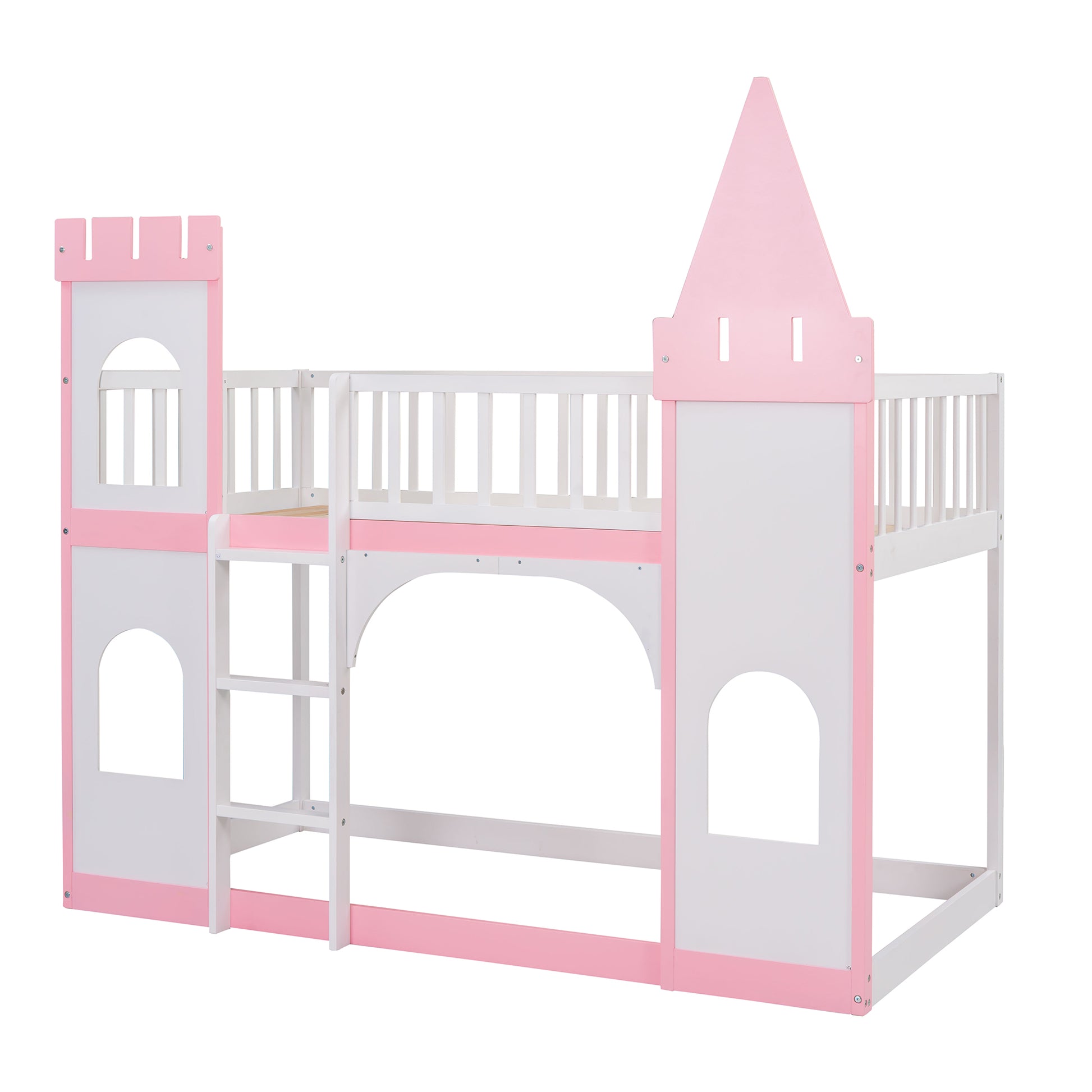 Pink and white twin castle bunk bed with ladder