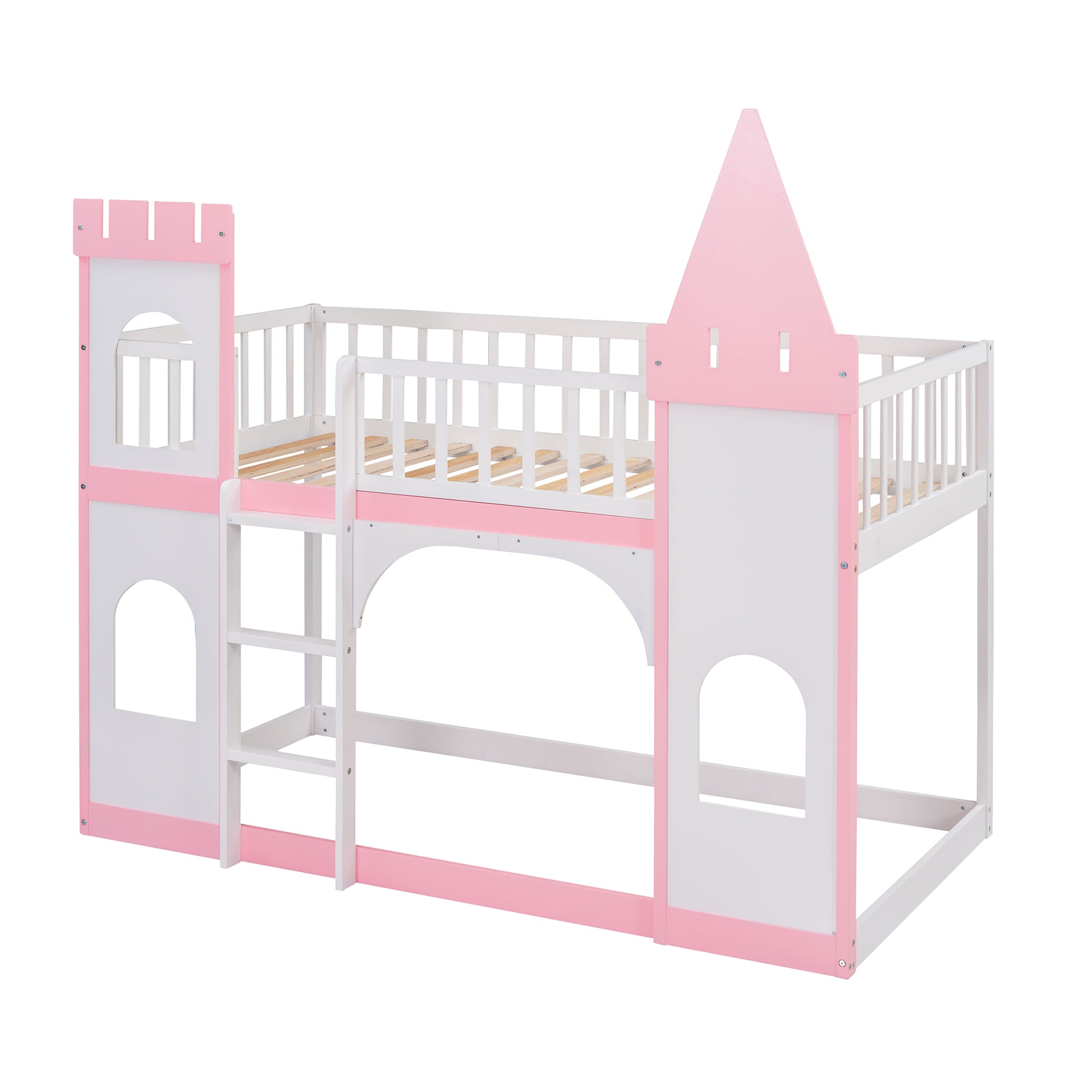 Pink and white castle bunk bed with ladder