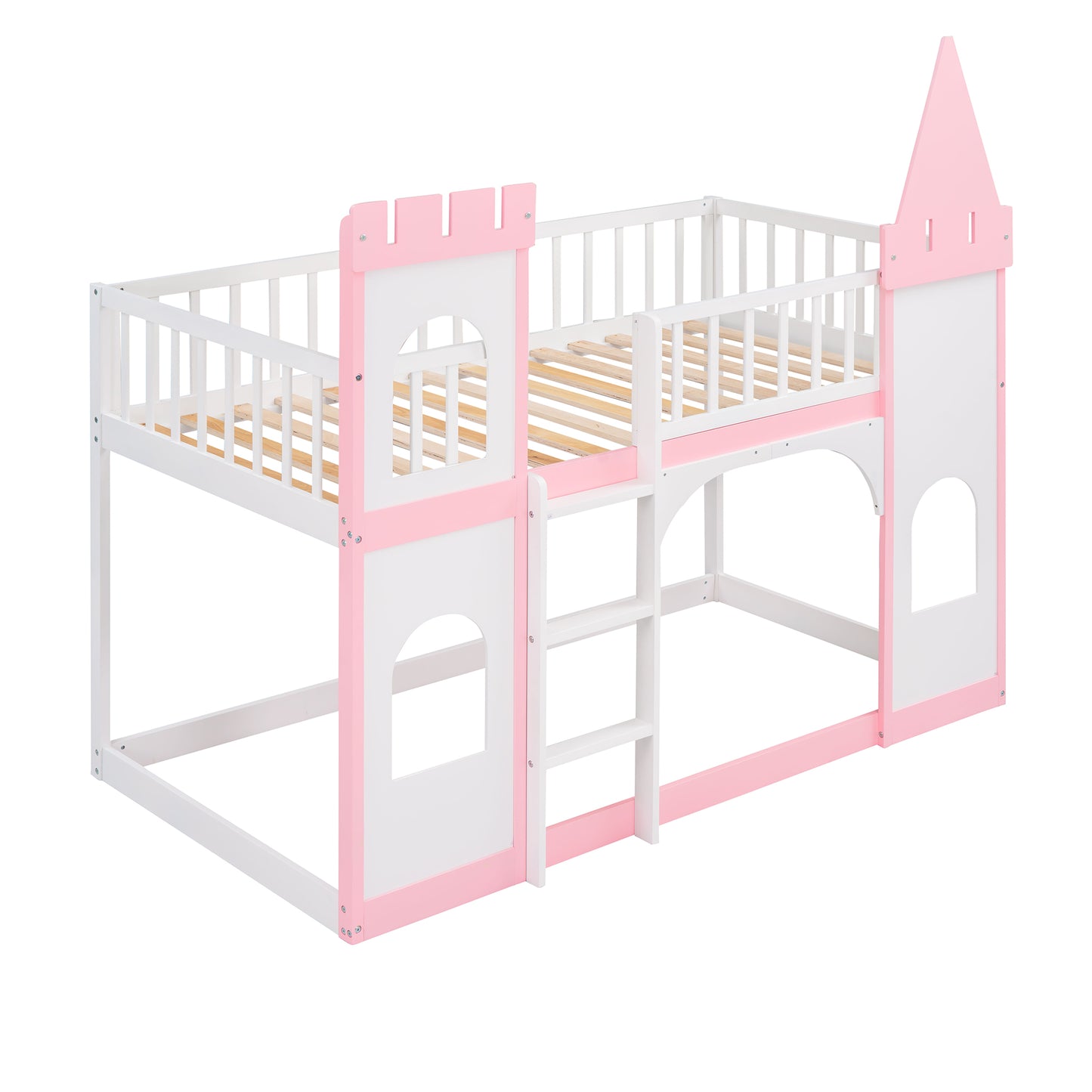 White and pink wooden twin castle bed frame with ladder