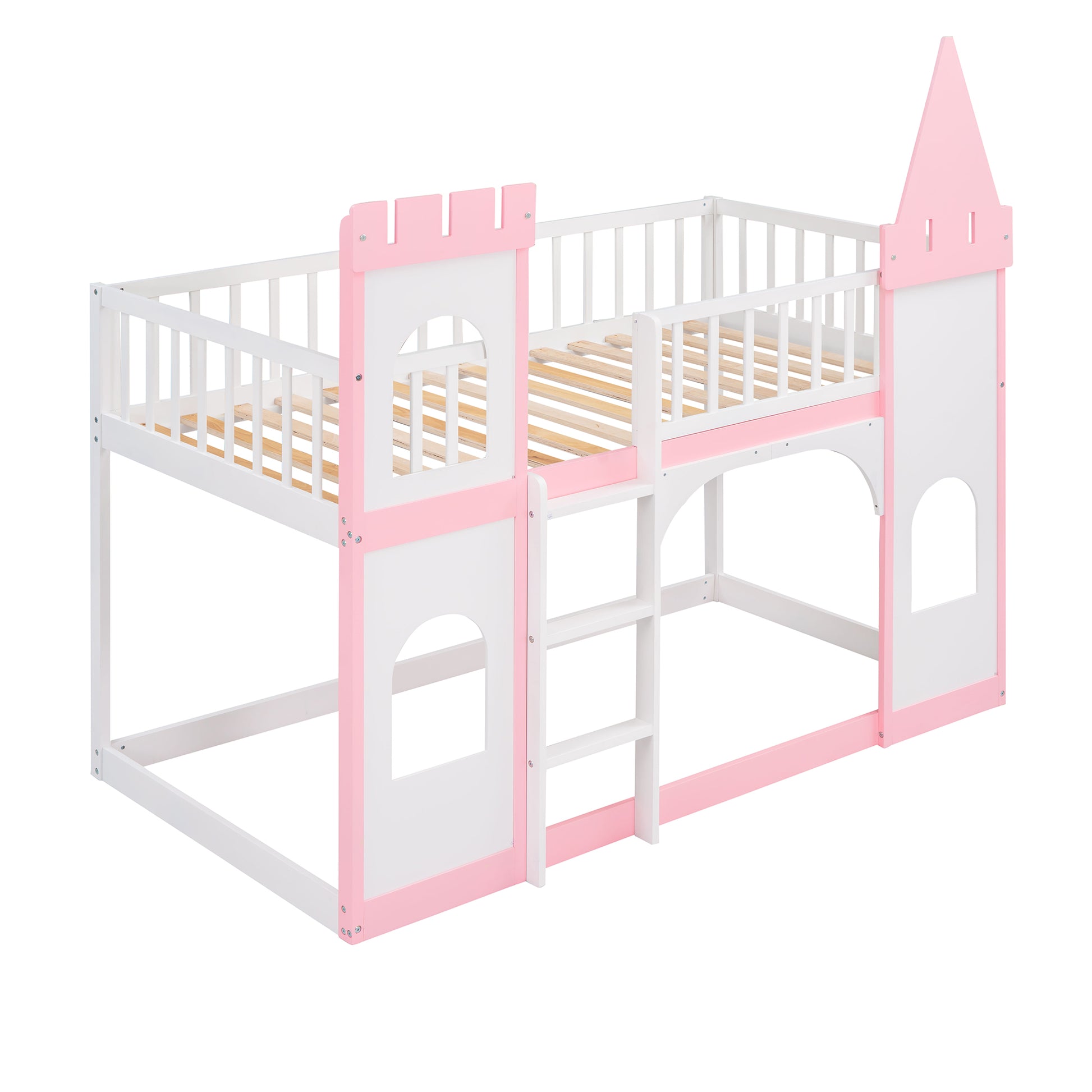 White and pink wooden twin castle bed frame with ladder