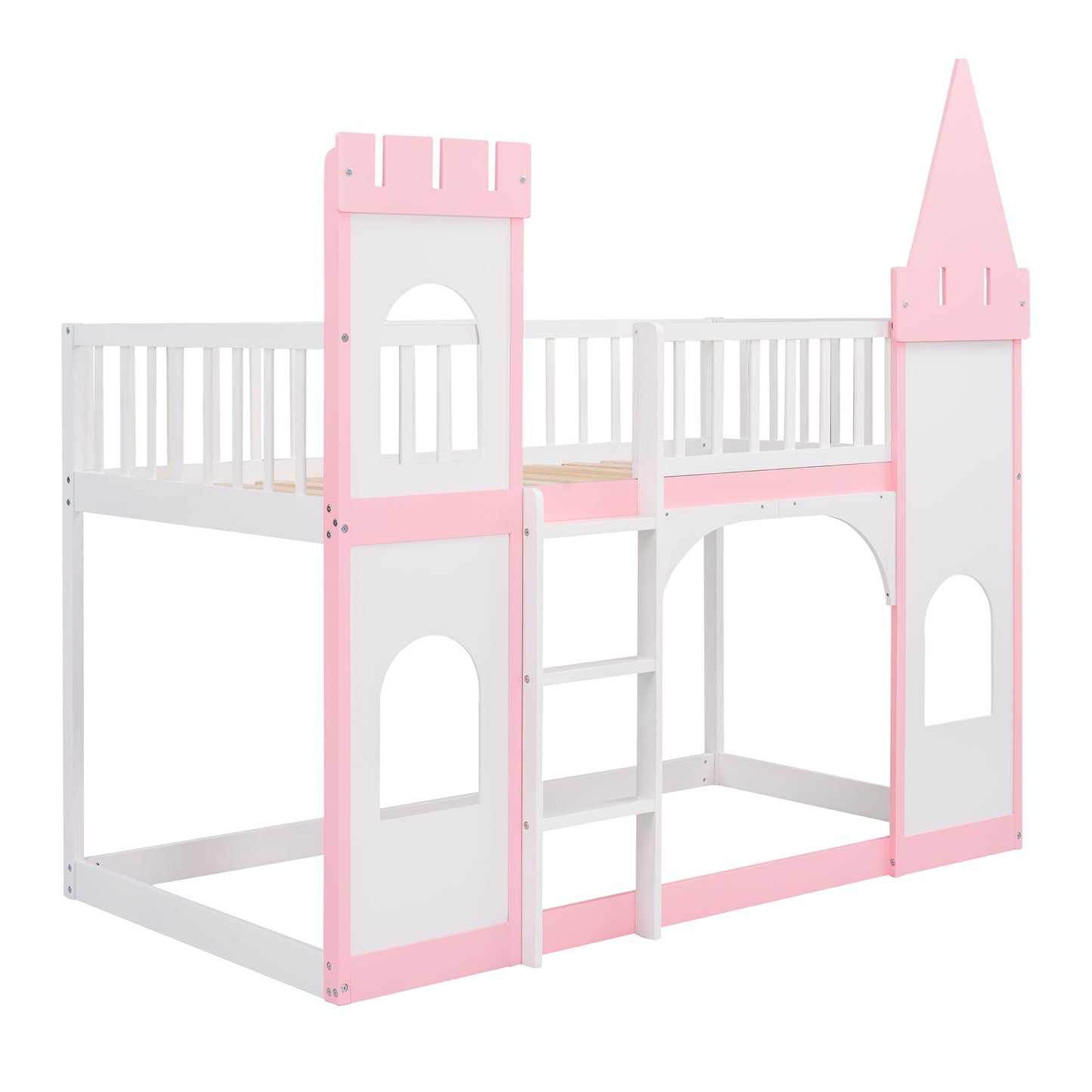 White and pink castle bunk bed with ladder