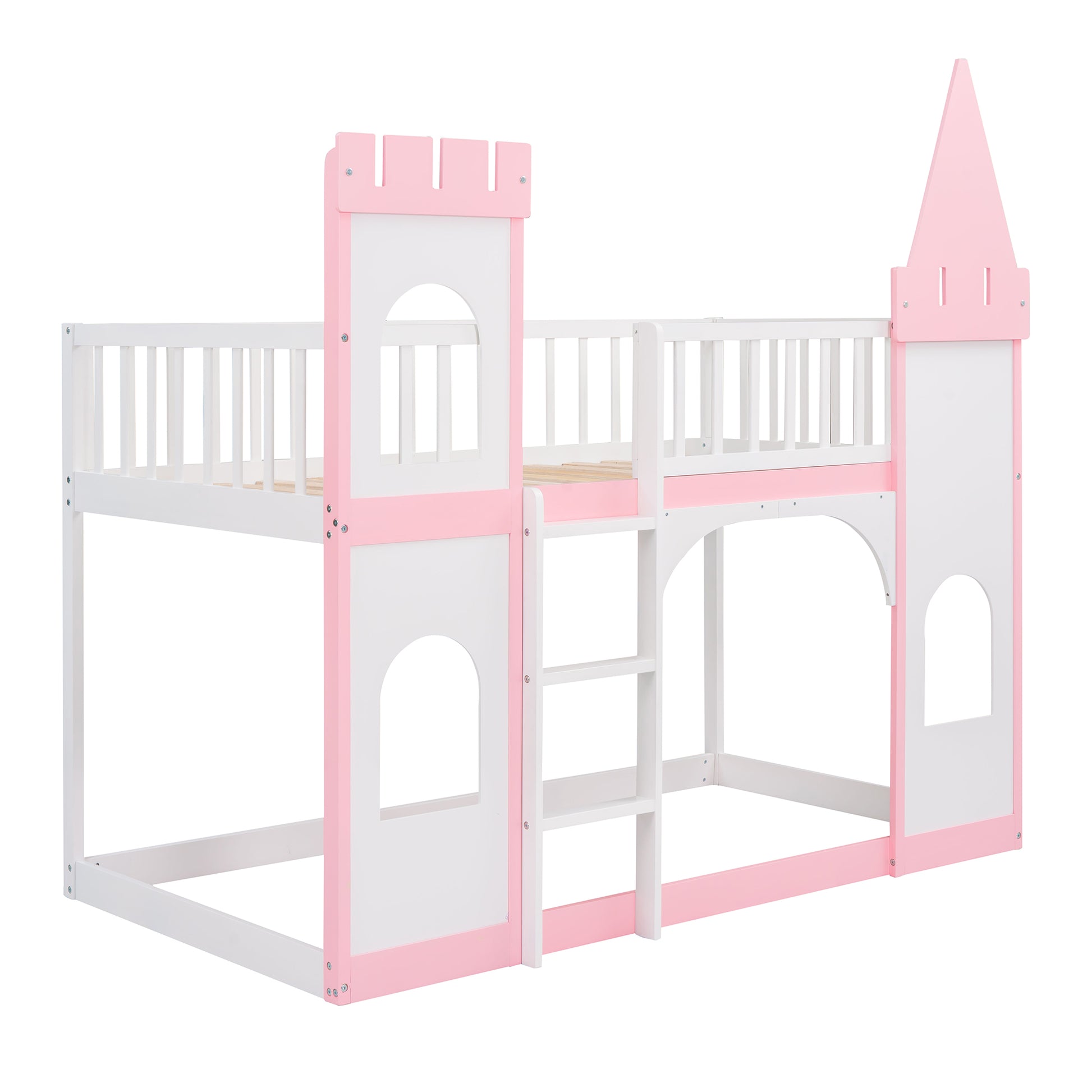 White and pink castle bunk bed with ladder