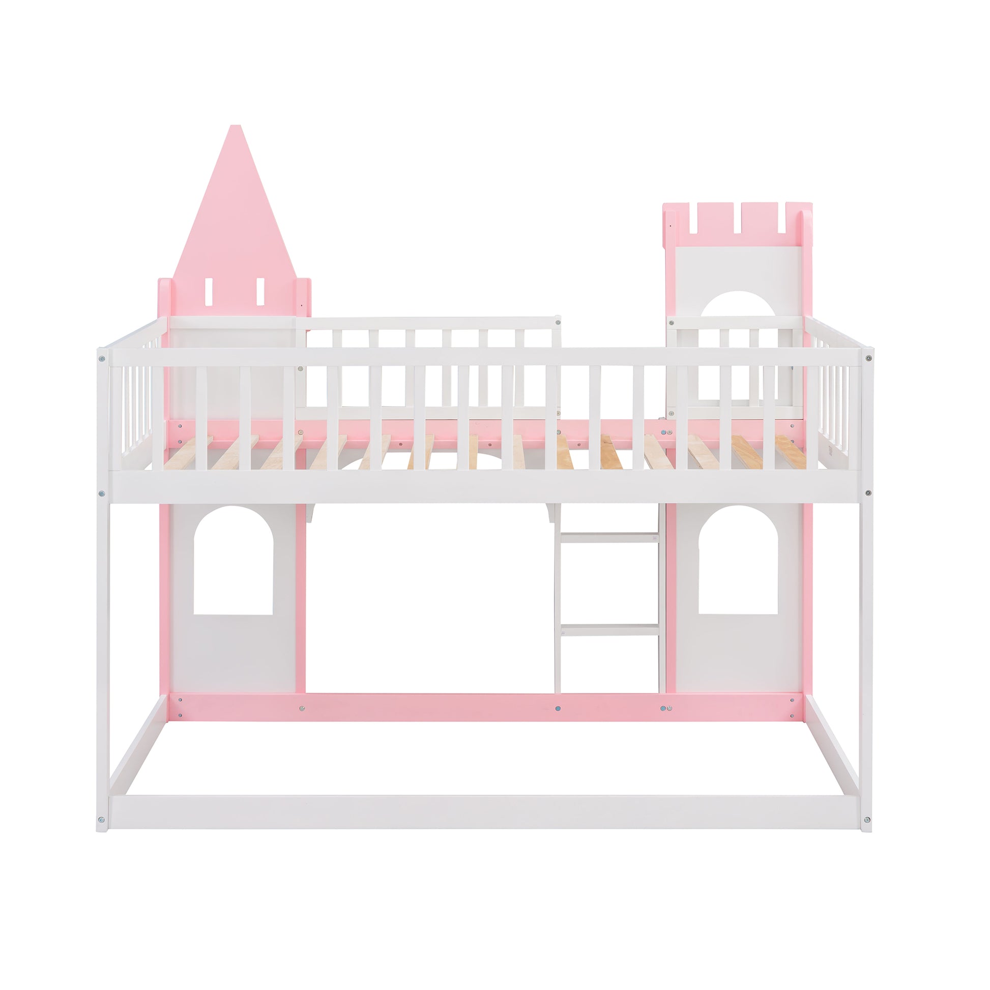 Pink and white wooden castle loft bed with guardrails and ladder