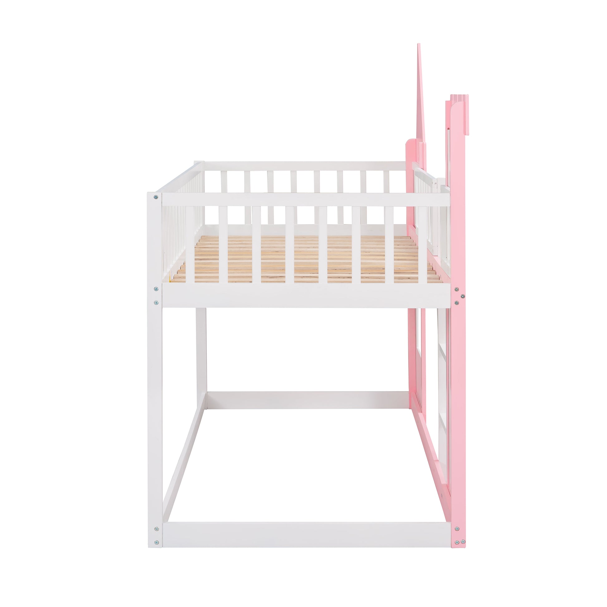 White and pink twin bunk bed with white slatted guardrails and ladder
