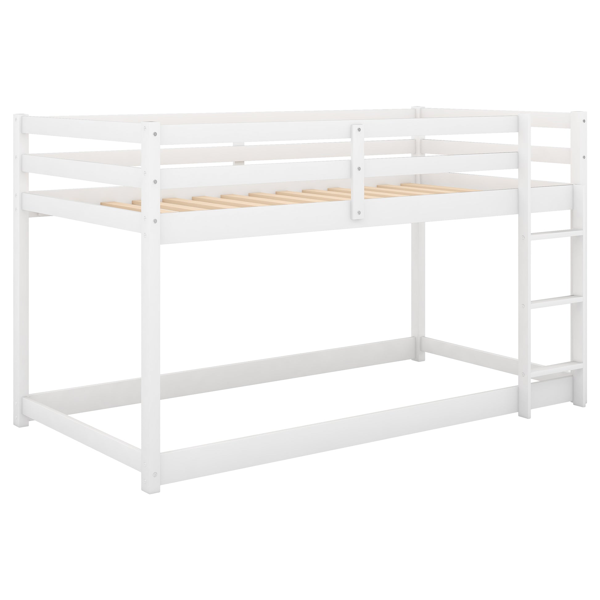 White wooden twin over twin bunk bed with ladder
