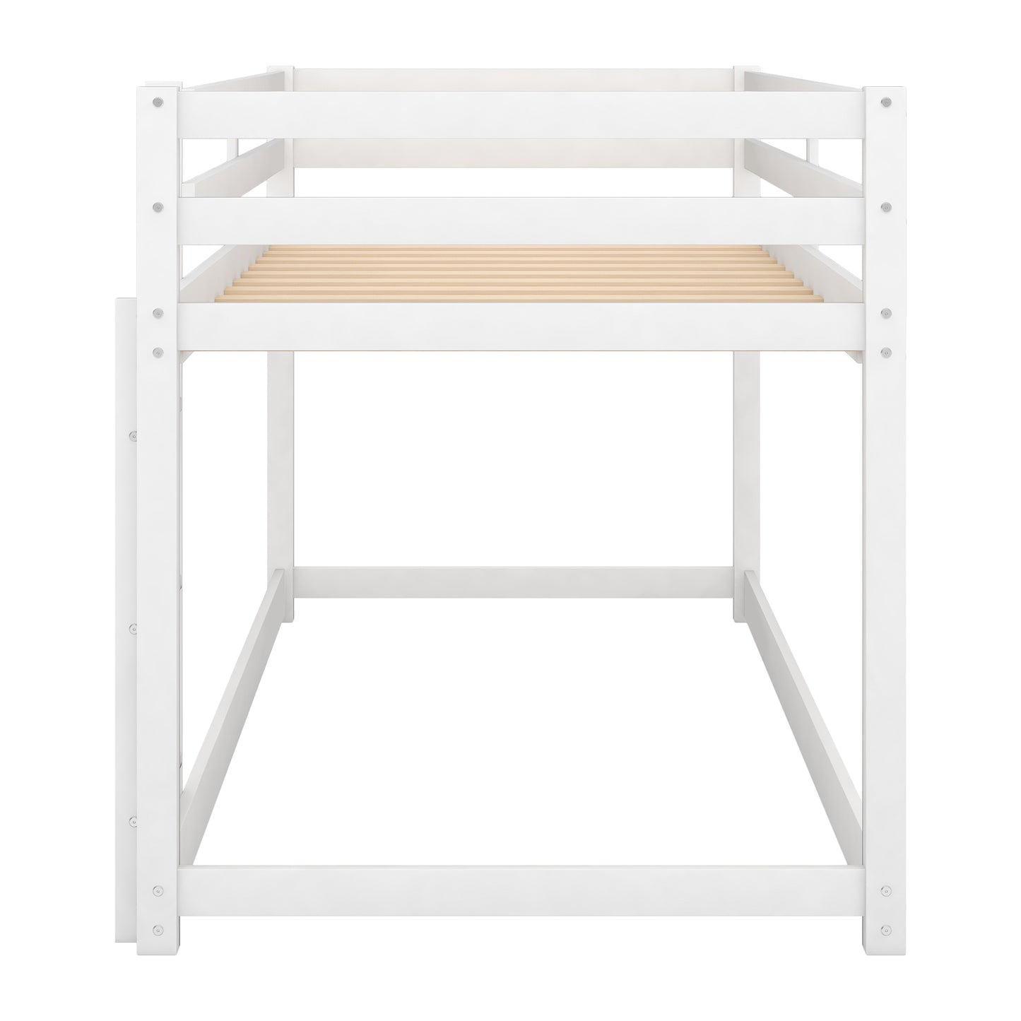 White wooden bunk bed frame with slatted platform