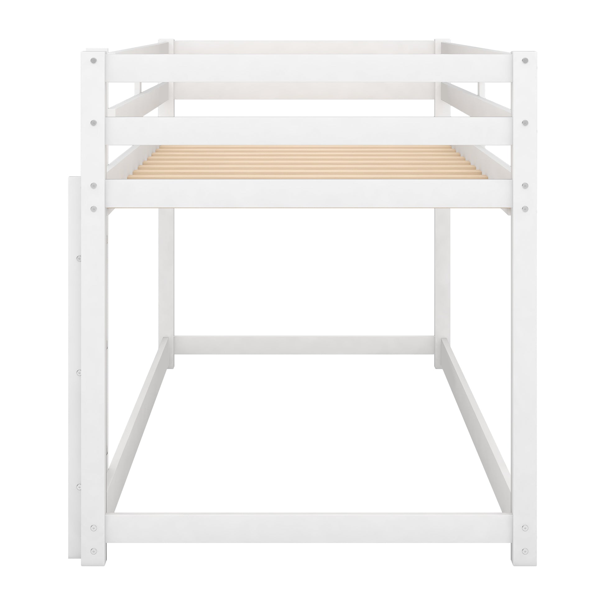 White wooden bunk bed frame with slatted platform