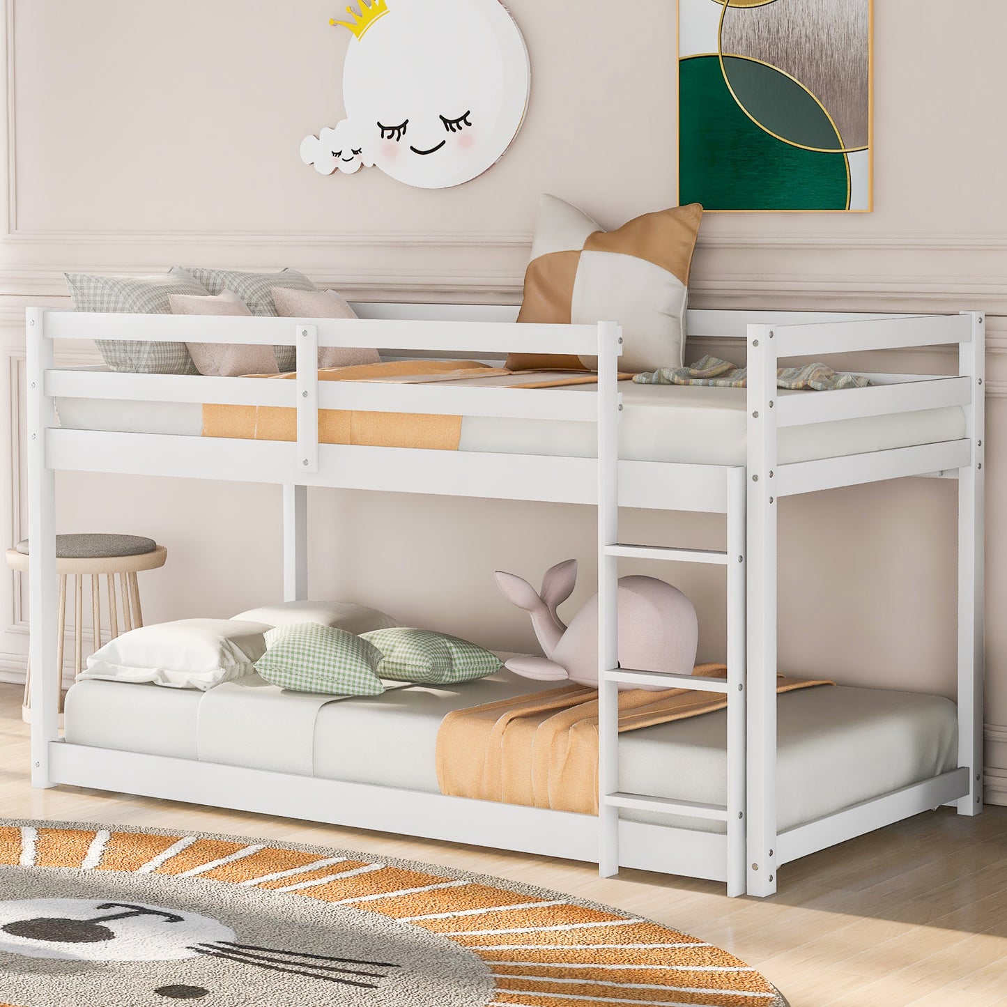 TREATLIFE HOME Twin Over Twin Floor Bunk Bed with Ladder, Solid Wood Construction, Space-Saving Design, White