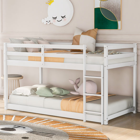 TREATLIFE HOME Twin Over Twin Floor Bunk Bed with Ladder, Solid Wood Construction, Space-Saving Design, White