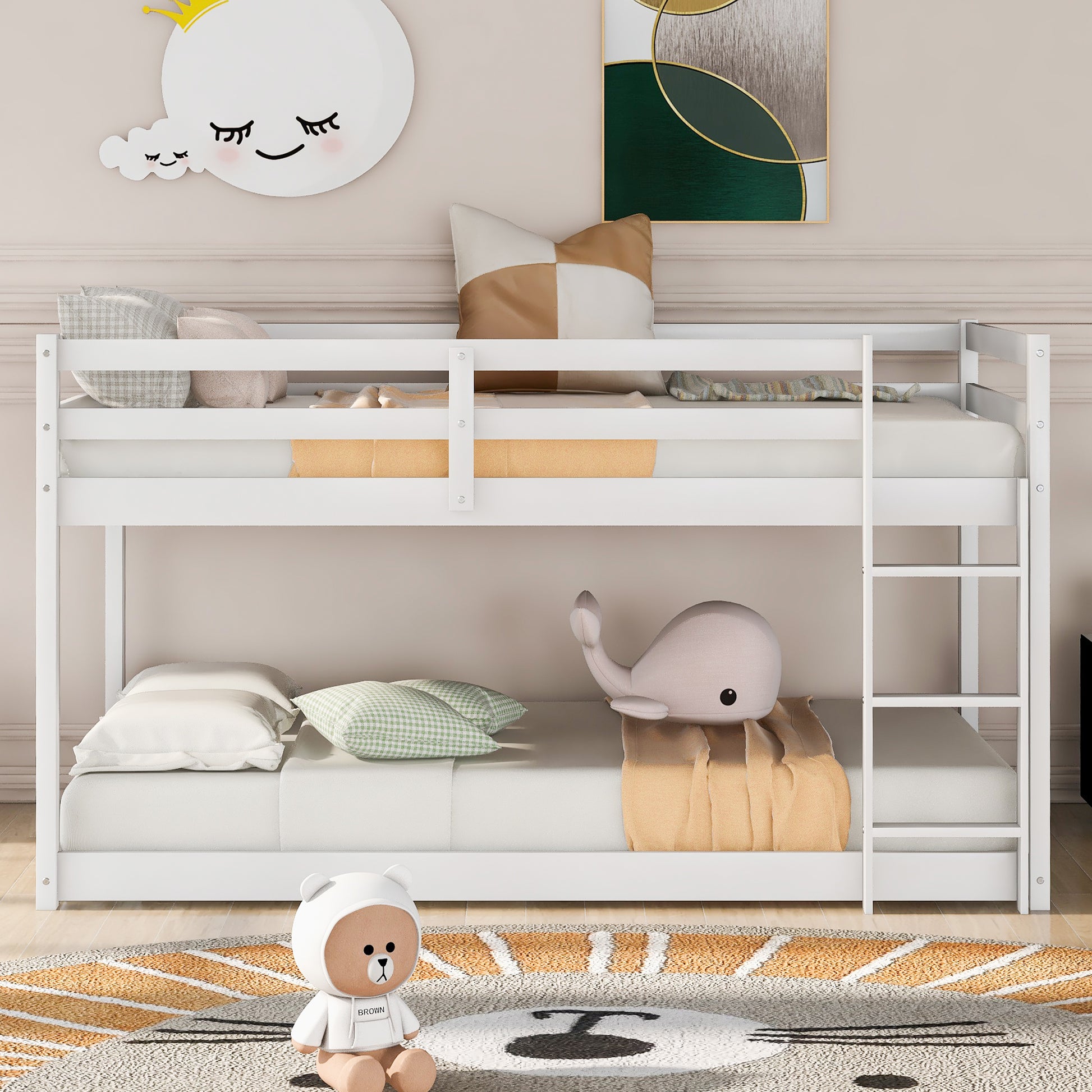 White wooden twin over twin bunk bed with ladder