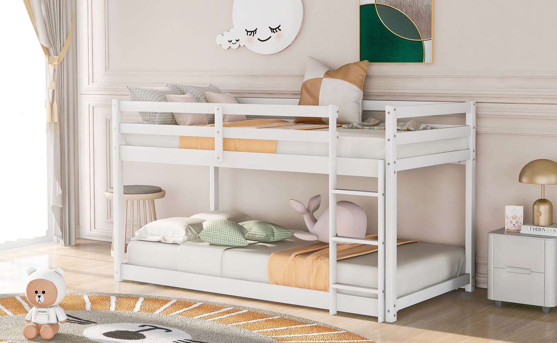 White wooden bunk bed with twin mattresses and guardrails
