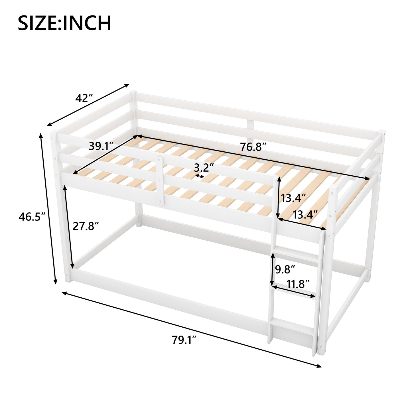 White twin over twin bunk bed with dimensions labeled