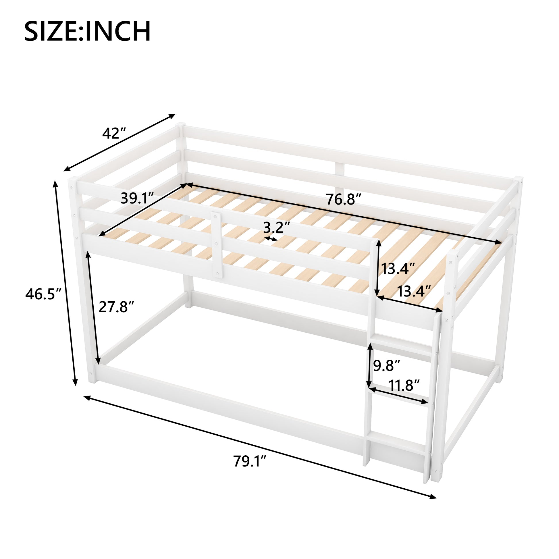 White twin over twin bunk bed with dimensions labeled