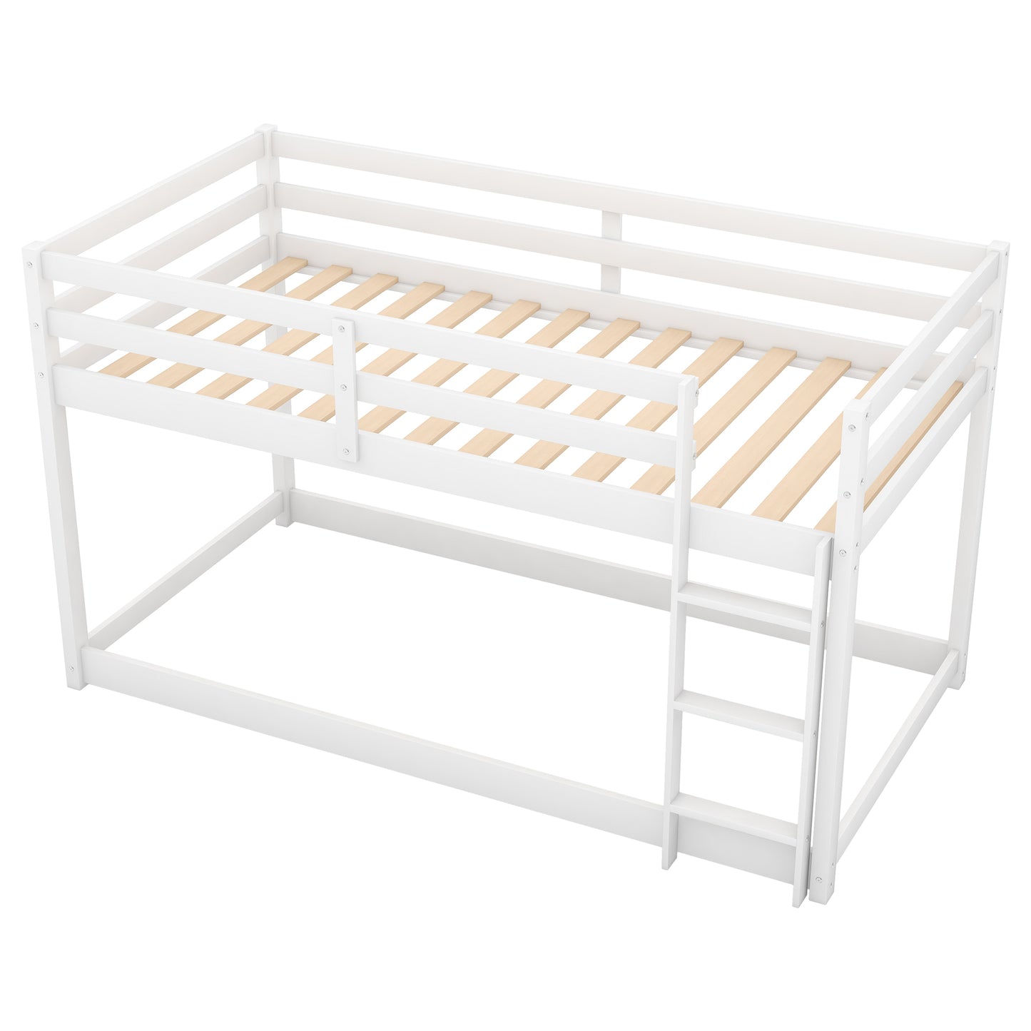 White wooden bunk bed with ladder