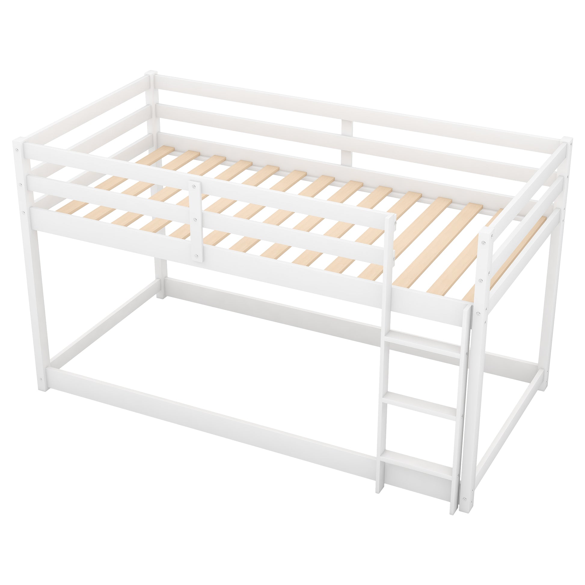 White wooden bunk bed with ladder