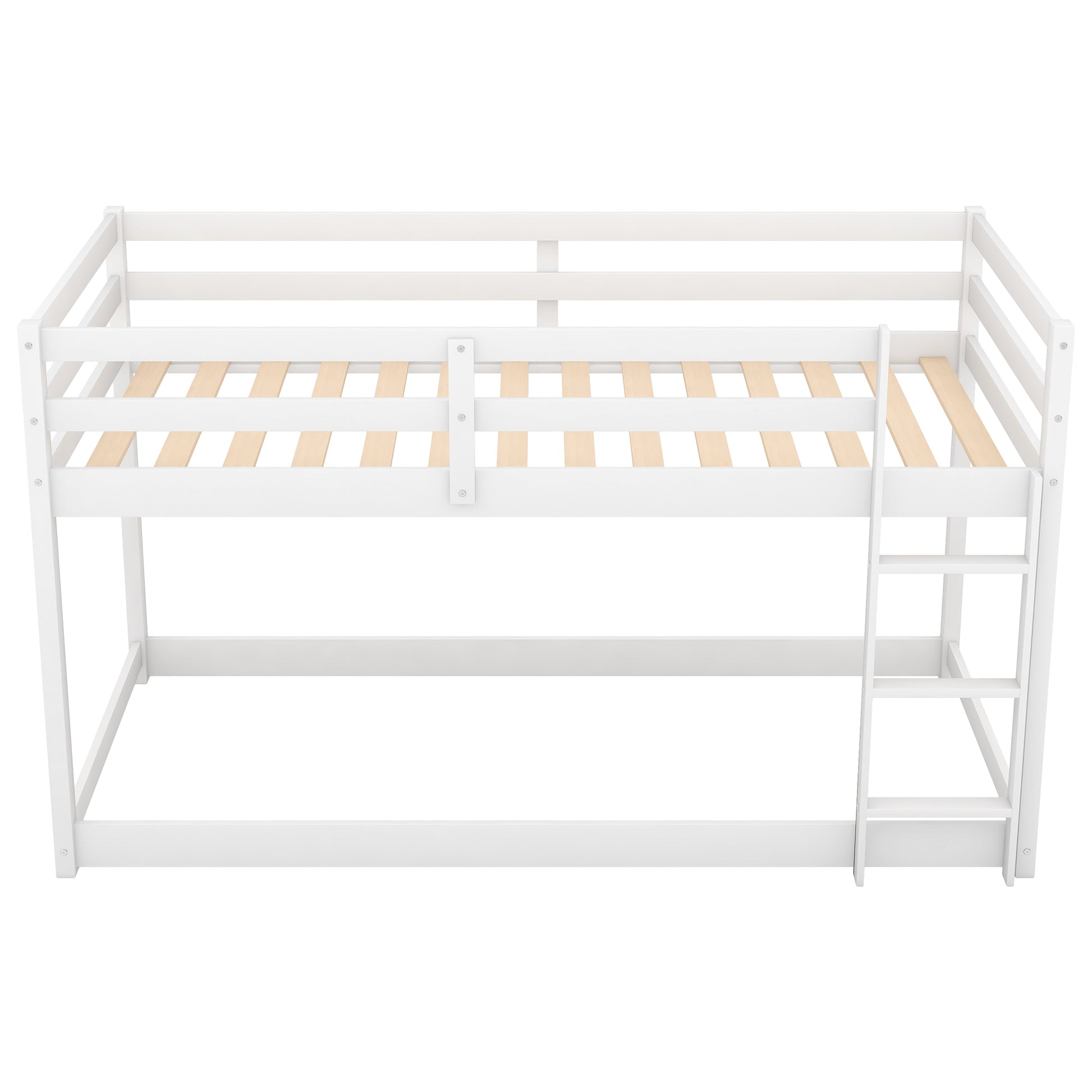 White wooden bunk bed with slatted base and integrated ladder