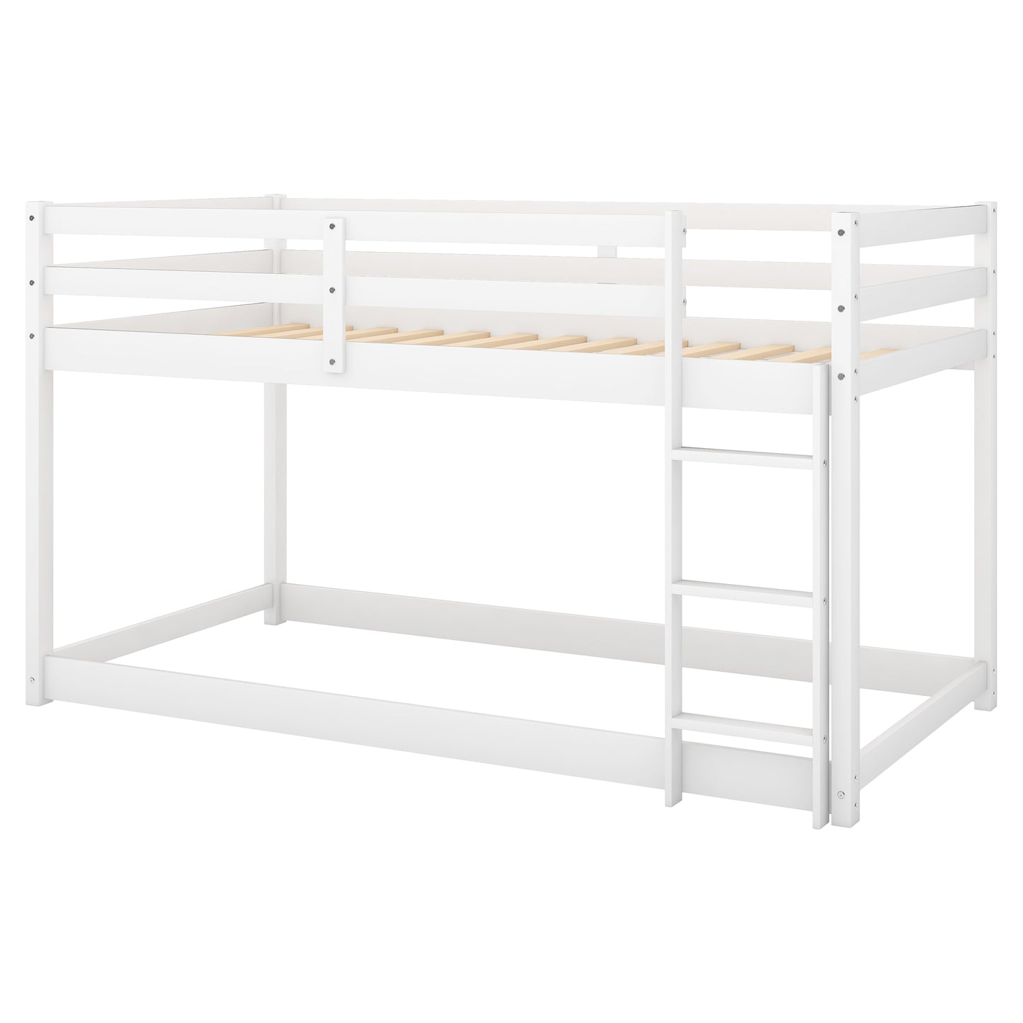 White twin over twin bunk bed with wooden slats and a ladder