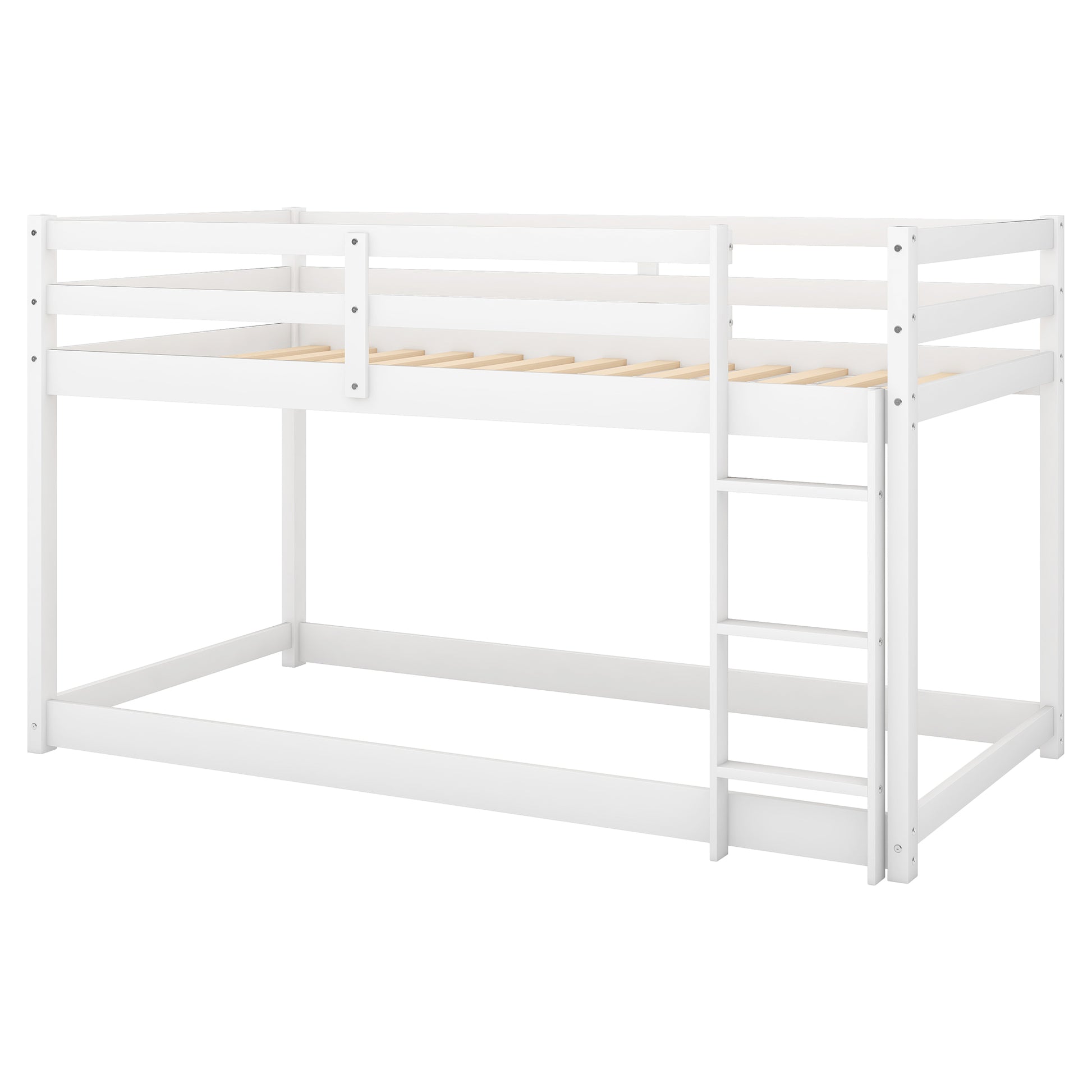 White twin over twin bunk bed with wooden slats and a ladder