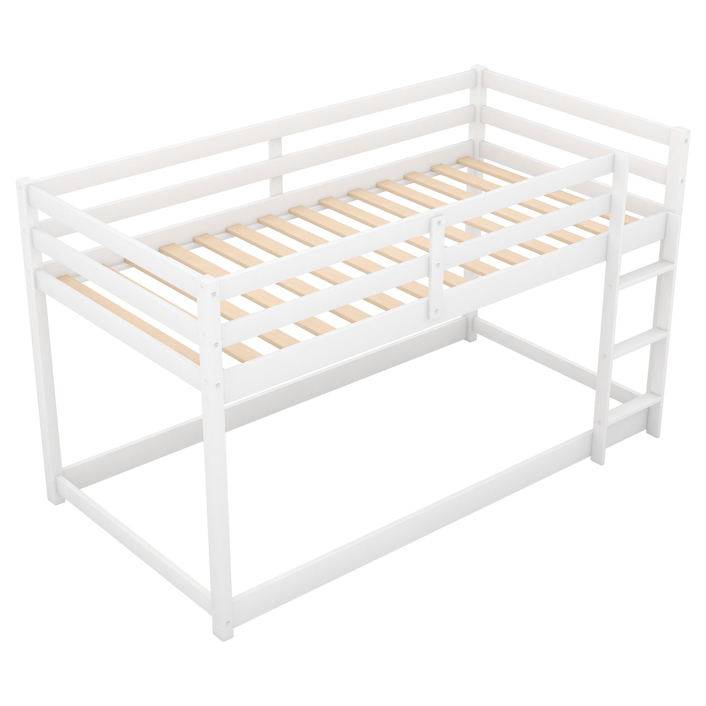 White wooden twin over twin bunk bed with ladder