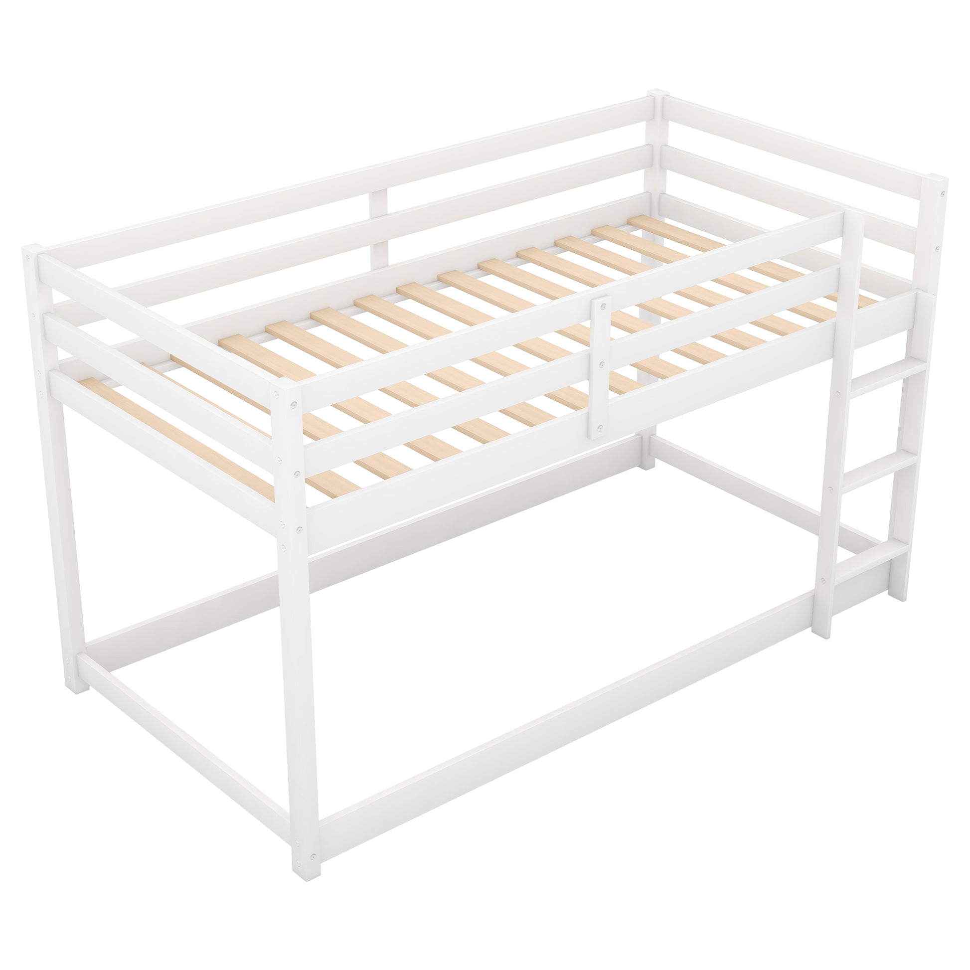 White wooden twin over twin bunk bed with ladder
